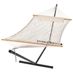 Suncreat Hammocks Double Outdoor Hammock With Stand, Cotton Rope Two Person Hammock With Polyester Pad & Large Pillow, Blue& Gray