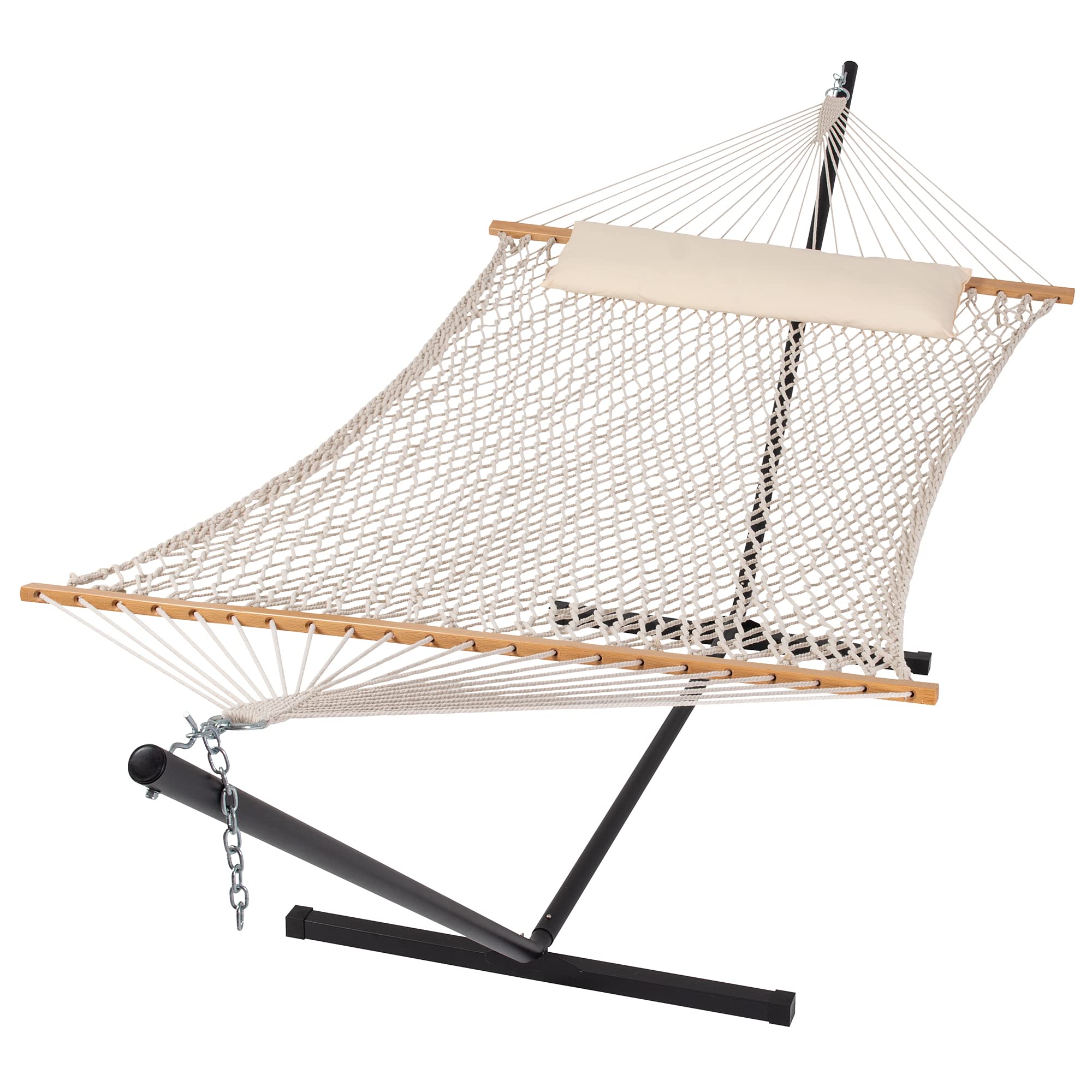 Suncreat Hammocks Double Outdoor Hammock With Stand, Cotton Rope Two Person Hammock With Polyester Pad & Large Pillow, Blue& Gray