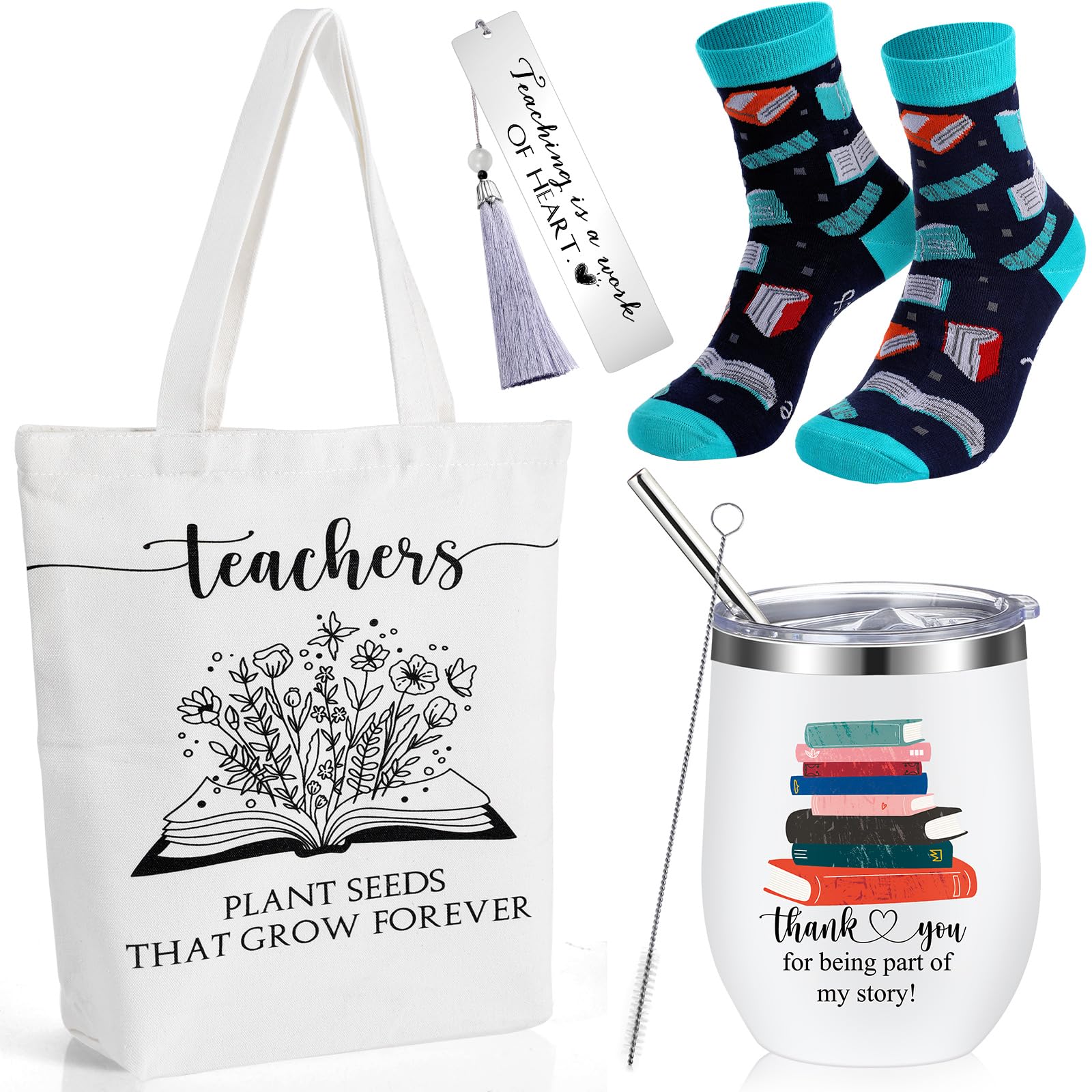 Sieral 4 Sets Teacher Appreciation Gifts Includes 12 Oz Stainless Steel Wine Tumbler With Lid Library Canvas Tote Bag Novelty So