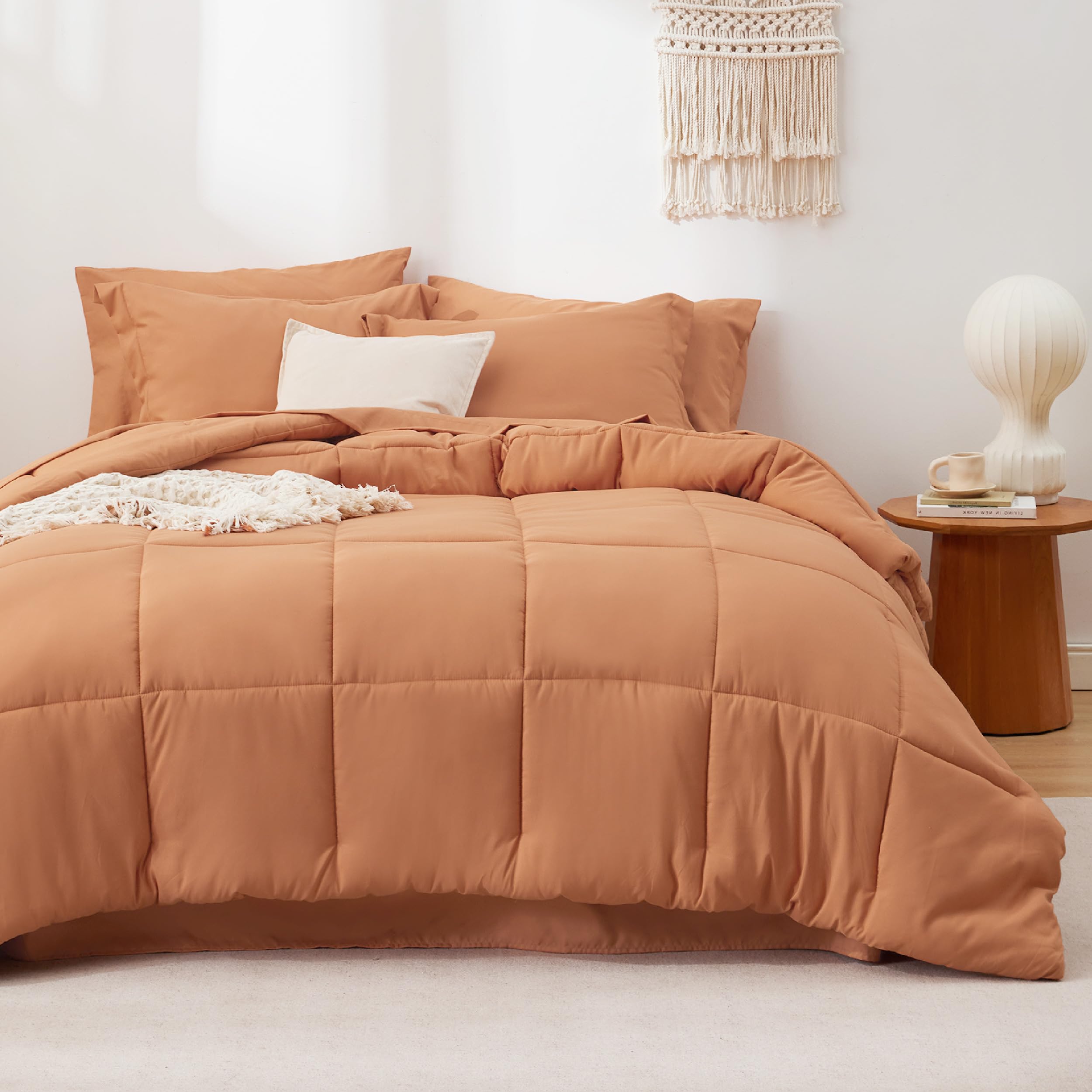 Bedsure Burnt Orange Comforter Set Queen - 7 Pieces Solid Bed In A Bag, Queen Bed Set With Comforter, Sheets, Pillowcases & Shams
