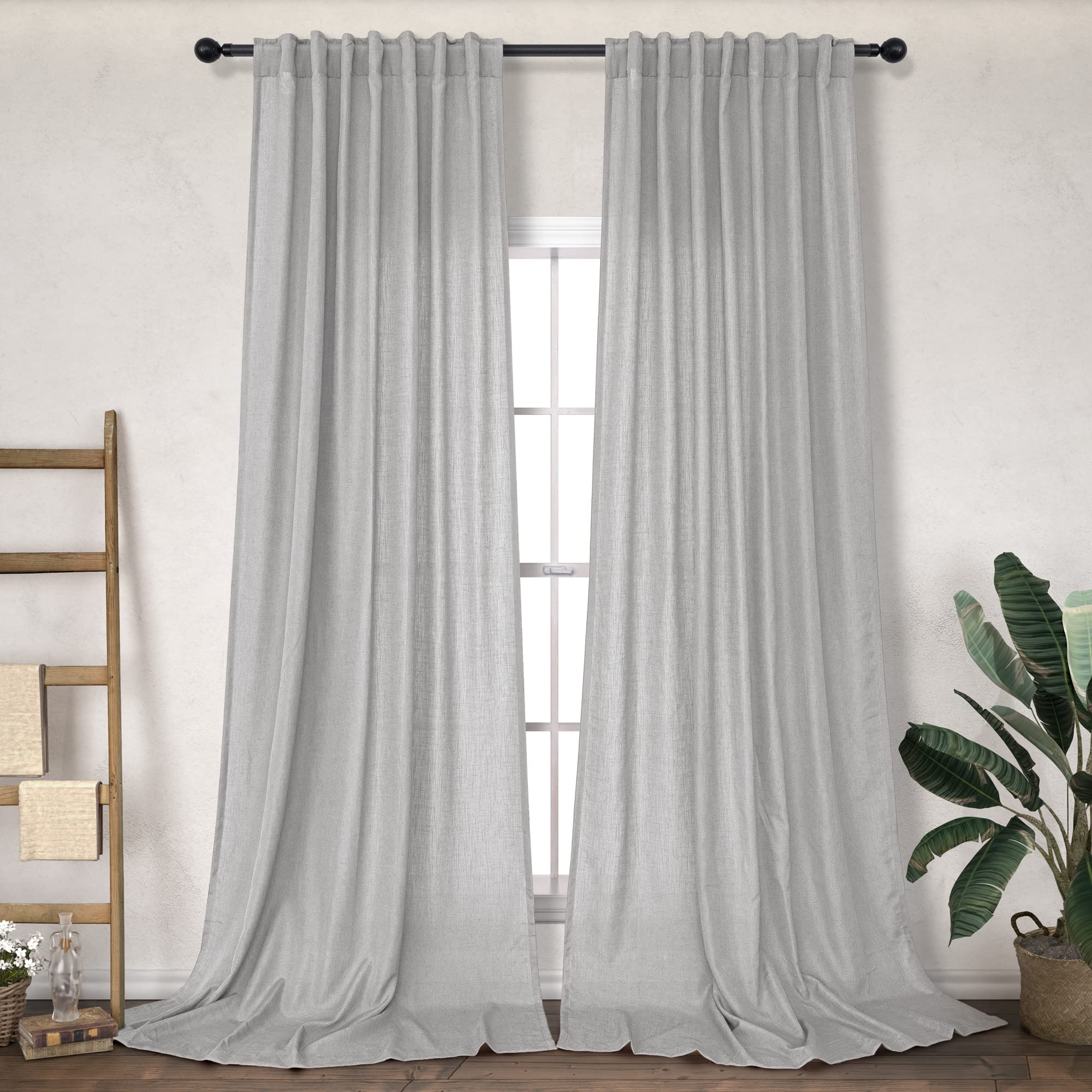Dancurton Grey Linen Curtains 84 Inch Length For Living Room 2 Panels Back Tab Pocket Modern Farmhouse Light Filtering Semi Shee