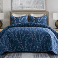 Exclusivo Mezcla Reversible Floral Quilt Set Full Queen Size, 3 Piece Soft Lightweight Flower Pattern Printed Navy Bedspreads Co