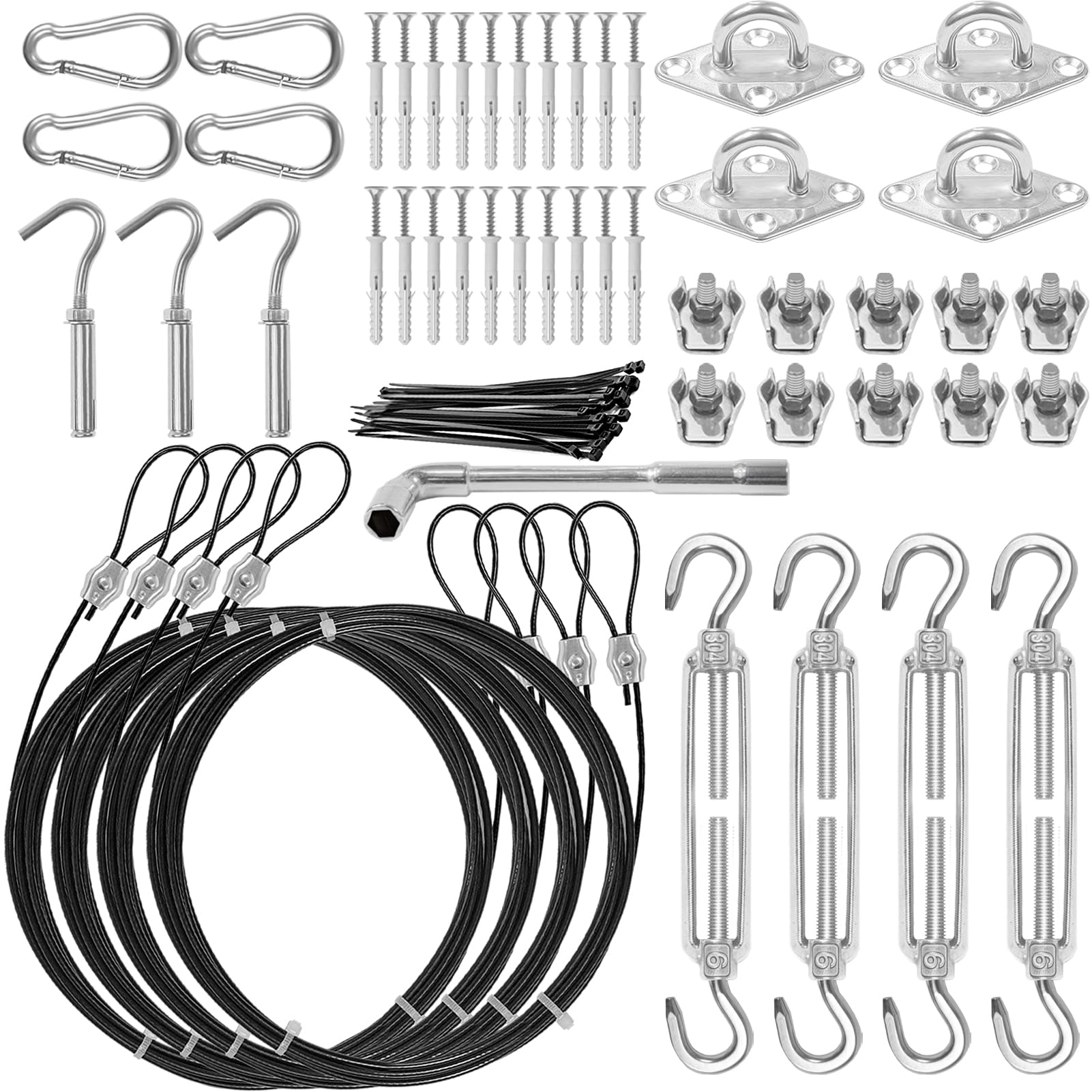 Sun Shade Sail Hardware Kit,304 Stainless Steel Cable Wire With Nylon Coating-4 Pcs 10Ft Sunshade Sail Hardware Kit,For Rectangl