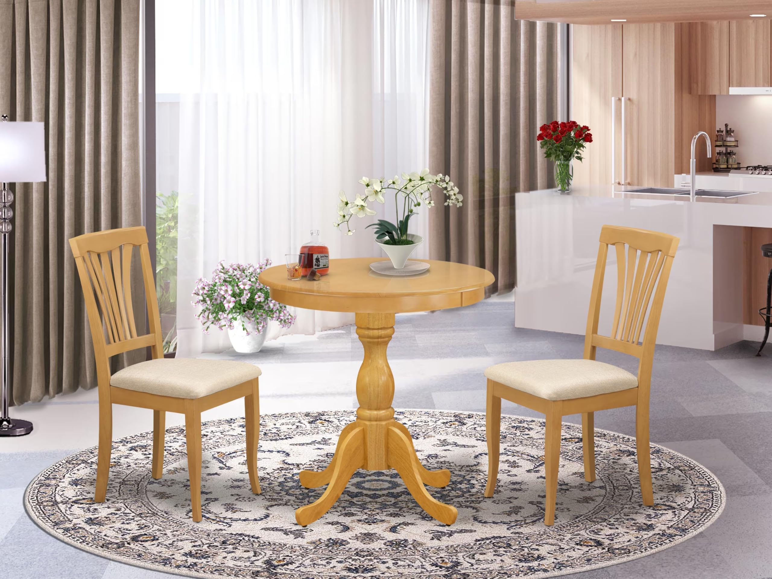 East West Furniture Esav3-Oak-C 3 Piece Dining Room Furniture Set Contains A Round Dining Table With Pedestal And 2 Linen Fabric Upholstered Chairs, 30X30 Inch, Oak