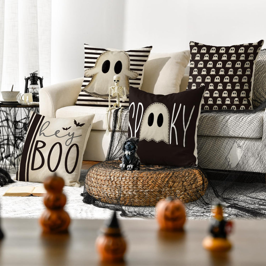 Avoin Colorlife Halloween Hey Boo Cute Ghost Spooky Throw Pillow Covers, 18 X 18 Inch Horror Scary Cushion Case For Sofa Couch S