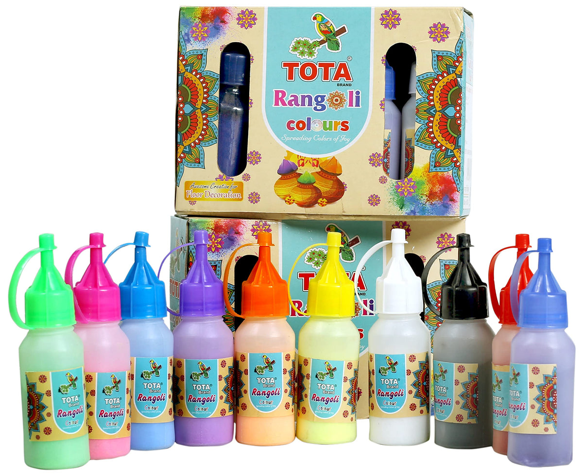 TOTA Rangoli Colour Powder Bottles Kolam Rangoli Powder for Floor Rangoli, Art,Home Decor, Pooja Set of 10 Rangoli Colors in Pla