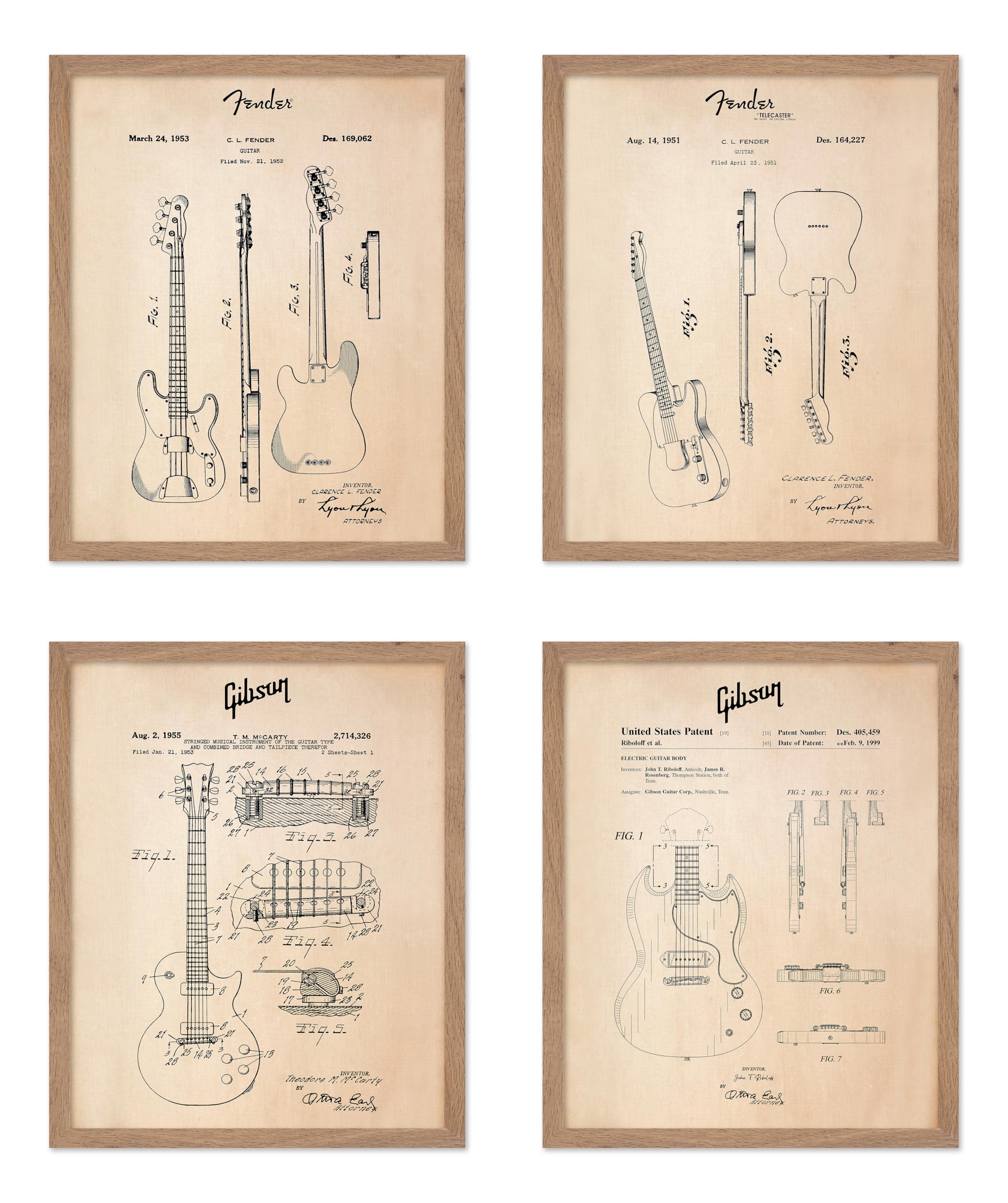 Poster Master 4-Piece Vintage Music Poster - Retro Instrument Print - Gift for Artist, Friend - Electric Guitar, Bass, Blueprint