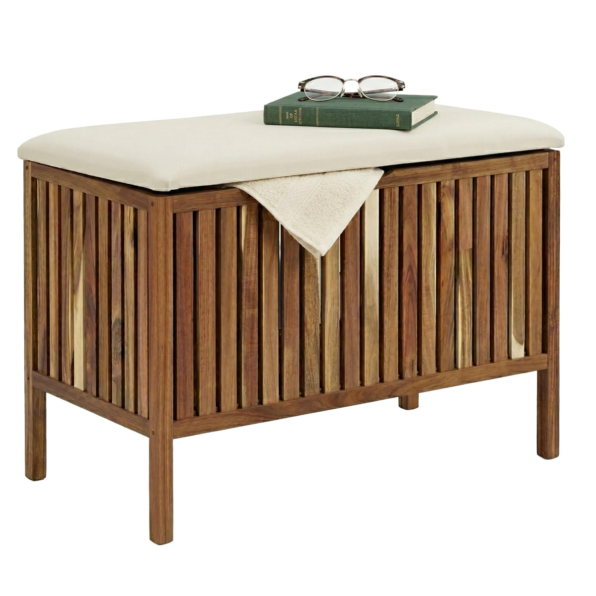 Relaxdays Laundry Chest with Seat, Bathroom Bench with Storage Space, Brown/White