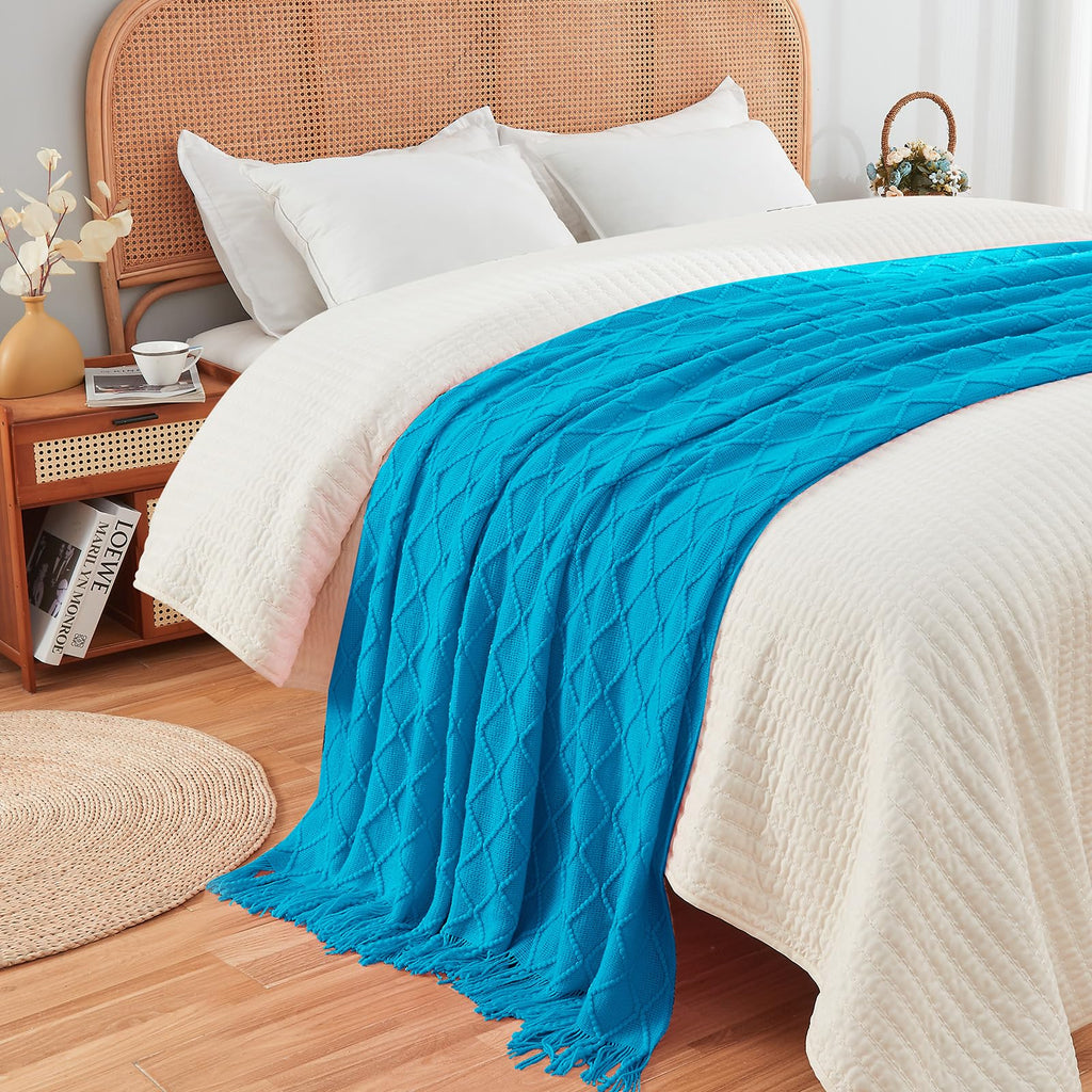Inhand Teal Throw Blanket For Couch And Bed, Soft Living Room Home Decor Knitted Blanket With Tassel, Outdoor Lightweight Breath
