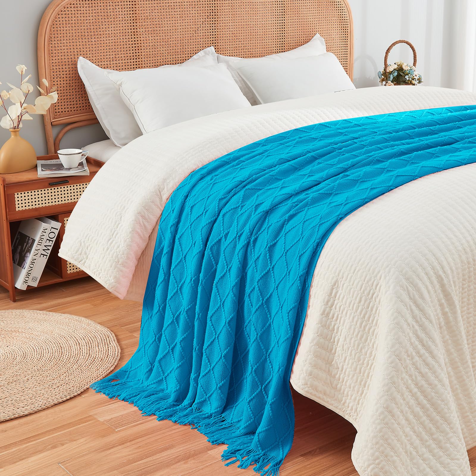 Inhand Teal Throw Blanket For Couch And Bed, Soft Living Room Home Decor Knitted Blanket With Tassel, Outdoor Lightweight Breath