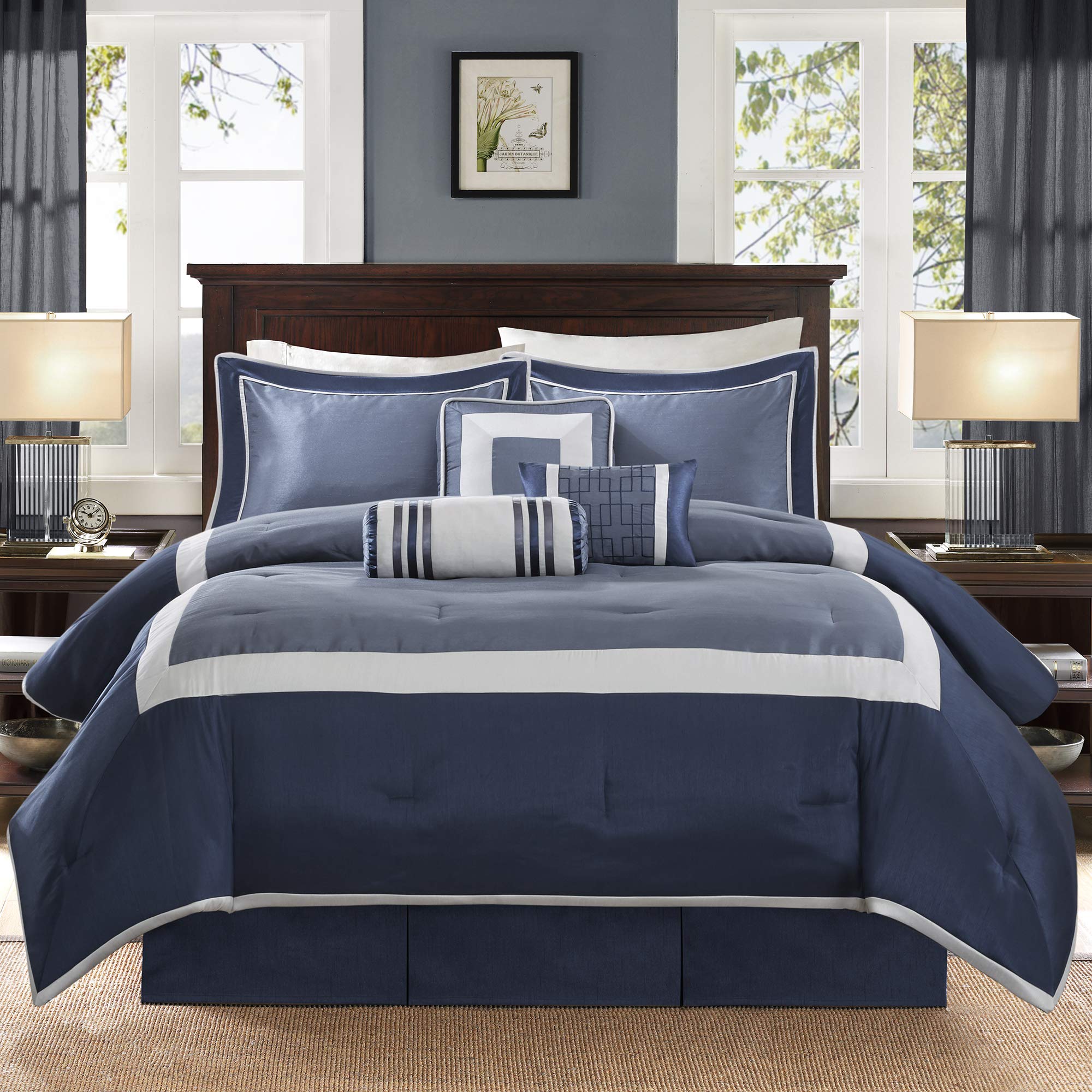 Madison Park Cozy Comforter Set-Deluxe Hotel Collection, All Season Down Alternative Luxury Bedding With Matching Shams, Decorative Pillows, King(104'X92'), Genevieve, Navy 7 Piece