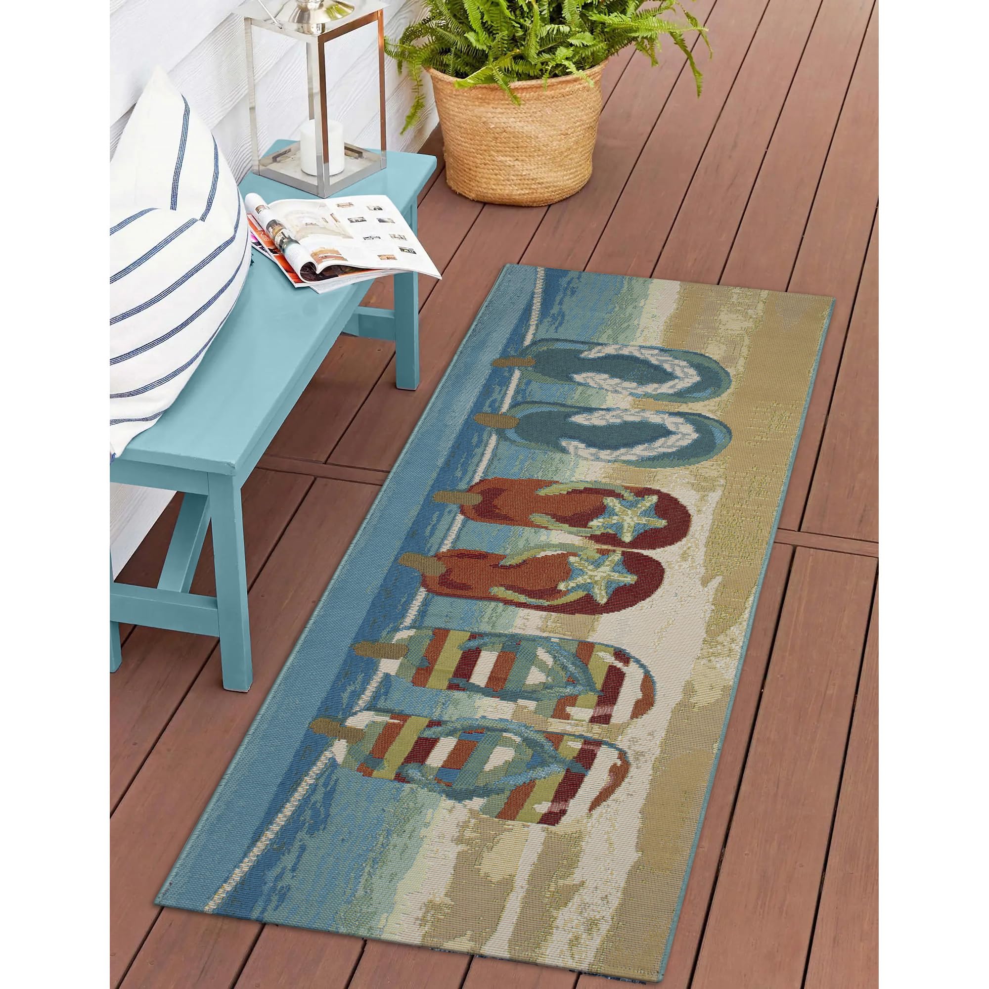 Liora Manne Esencia Machine Washable Non-Slip Low Profile Indoor/Outdoor Mat-Transitional, Coastal, Beach, Whimsical, Flip Flops Forever Blue 1'11' X 4'11'