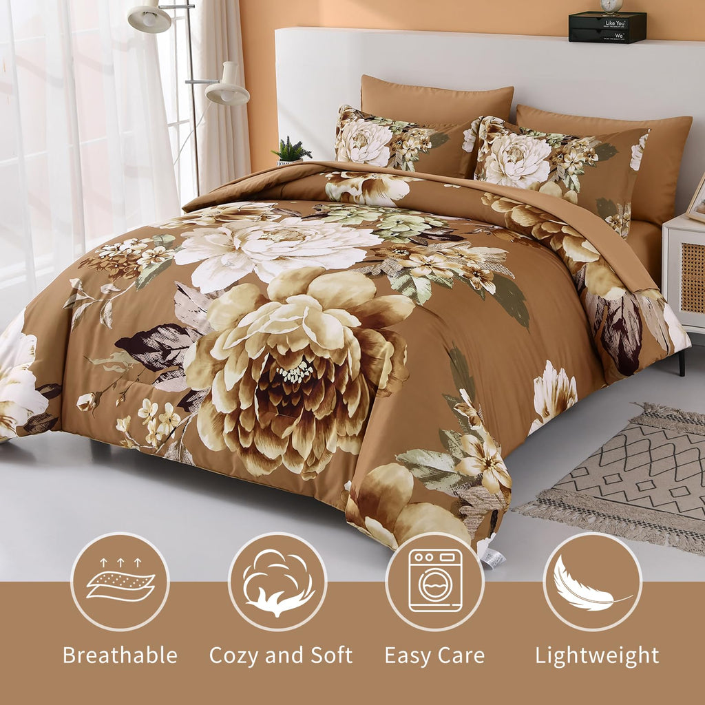 Dintszyayue Floral Comforter Set Queen Size,7 Pieces Brown Flower Pattern Bed In A Bad,Lightweight Bedding Set Microfiber Comfor