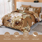Dintszyayue Floral Comforter Set Queen Size,7 Pieces Brown Flower Pattern Bed In A Bad,Lightweight Bedding Set Microfiber Comfor