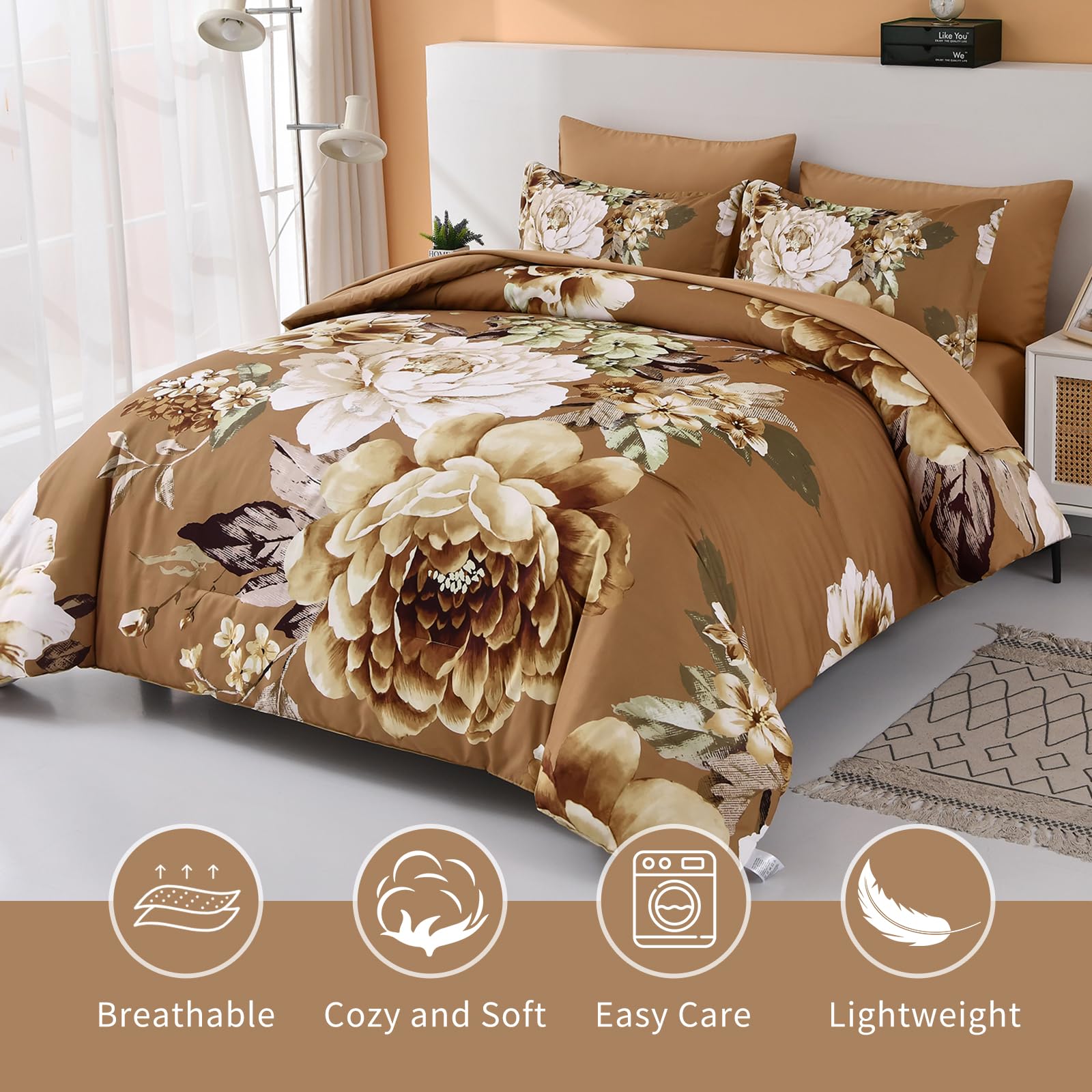 Dintszyayue Floral Comforter Set Queen Size,7 Pieces Brown Flower Pattern Bed In A Bad,Lightweight Bedding Set Microfiber Comfor