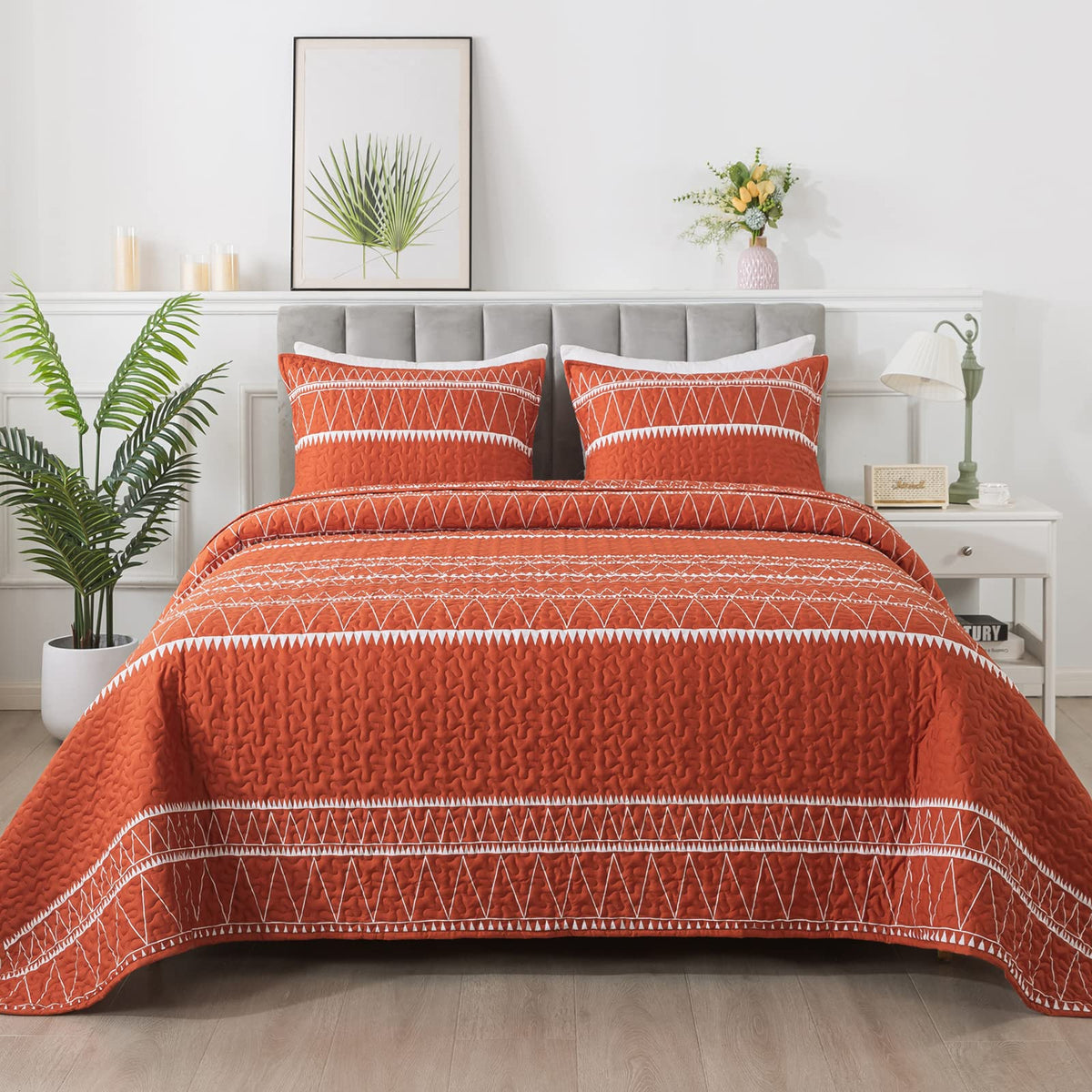 Andency Terracotta Quilt Set Queen (90X96 Inch), 3 Pieces(1 Striped Triangle Printed Quilt And 2 Pillowcases), Burnt Orange Bohe