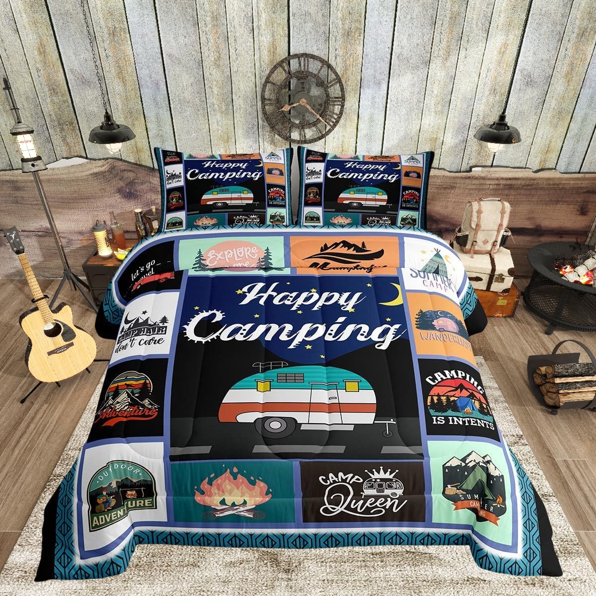 Camper Happy Camping Comforter Set King,Geometric Plaid Patchwork Bedding Set 3Pcs For Kids Teens Rv Traveler Room Decor,Adventu