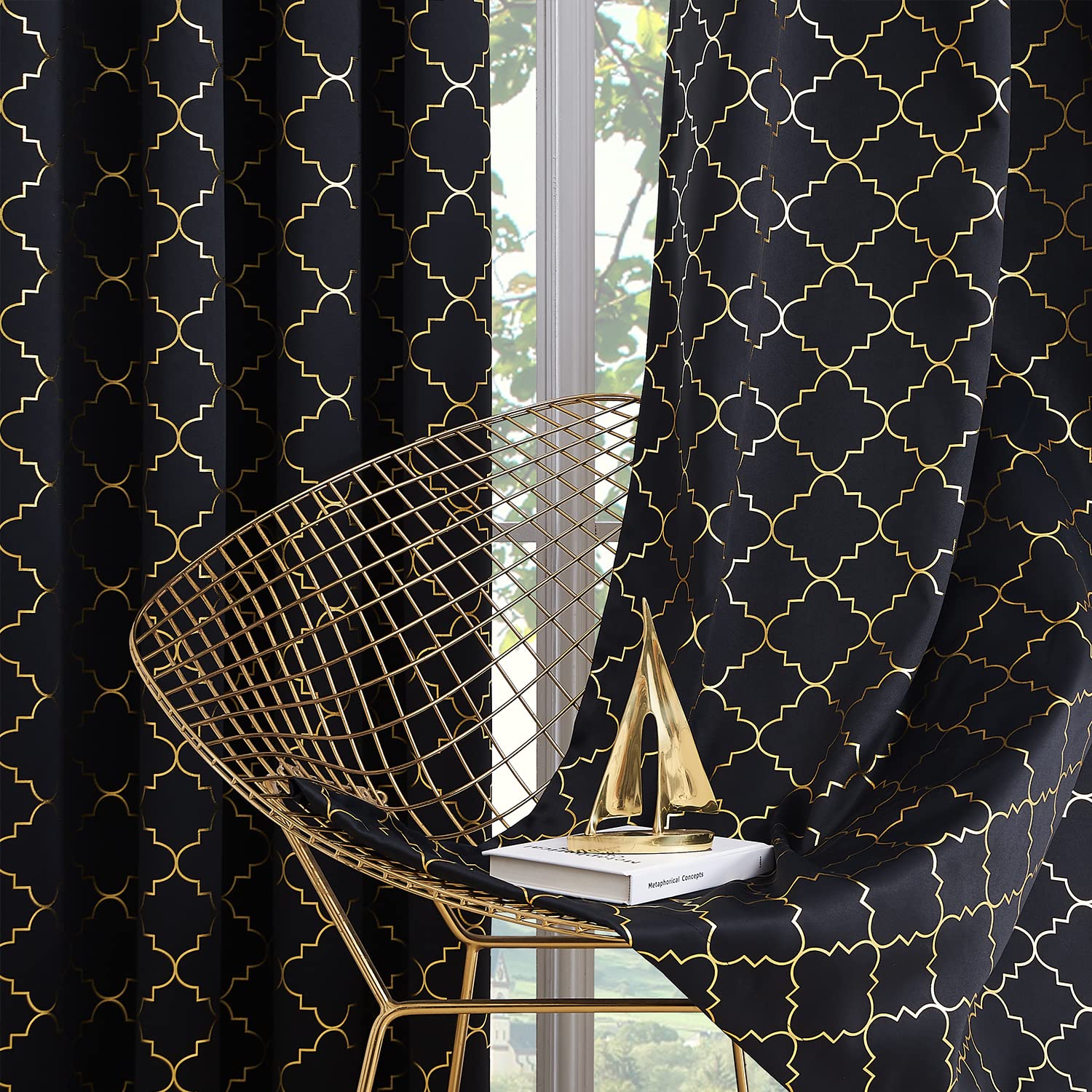 Enactex 100% Full Blackout Curtains Thermal Insulated Drapes 84 Inch Long For Bedroom, Black Drapery With Gold Geometric Pattern