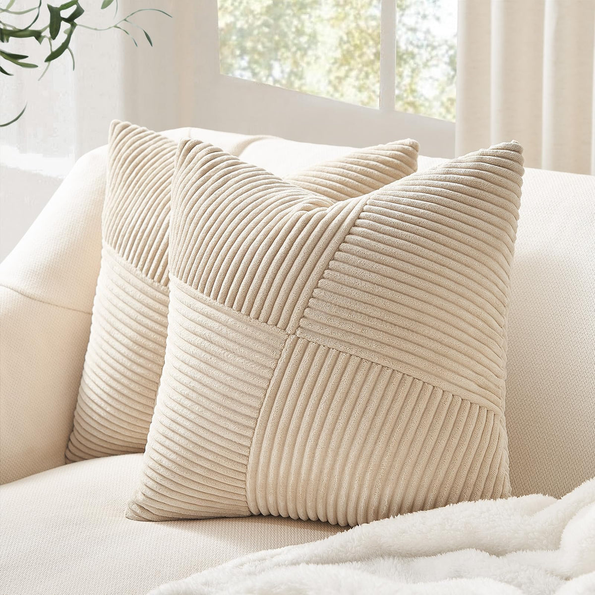 Topfinel Tan Decorative Throw Pillow Covers 16X16 Set Of 2 Windmill Textured Striped Patchwork Pillow Covers Soft Corduroy Squar