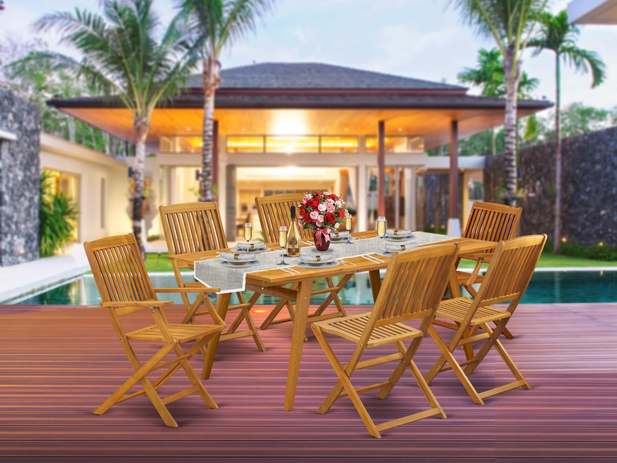 East West Furniture Decm72Cana 7 Piece Patio Dining Set Consist Of A Rectangle Outdoor Acacia Wood Table And 2 Folding Arm Chairs With 4 Side Chairs, 40X72 Inch, Natural Oil