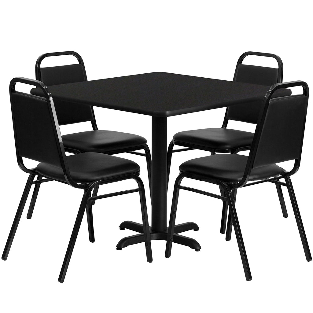 Flash Furniture 5-Piece 36" Square Laminate Dining Table/Chairs Set, Restaurant Dining Set with Table, X-Base, and 4 Trapezoidal Back Chairs, Black