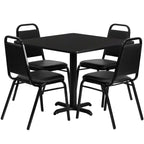 Flash Furniture 5-Piece 36" Square Laminate Dining Table/Chairs Set, Restaurant Dining Set with Table, X-Base, and 4 Trapezoidal Back Chairs, Black