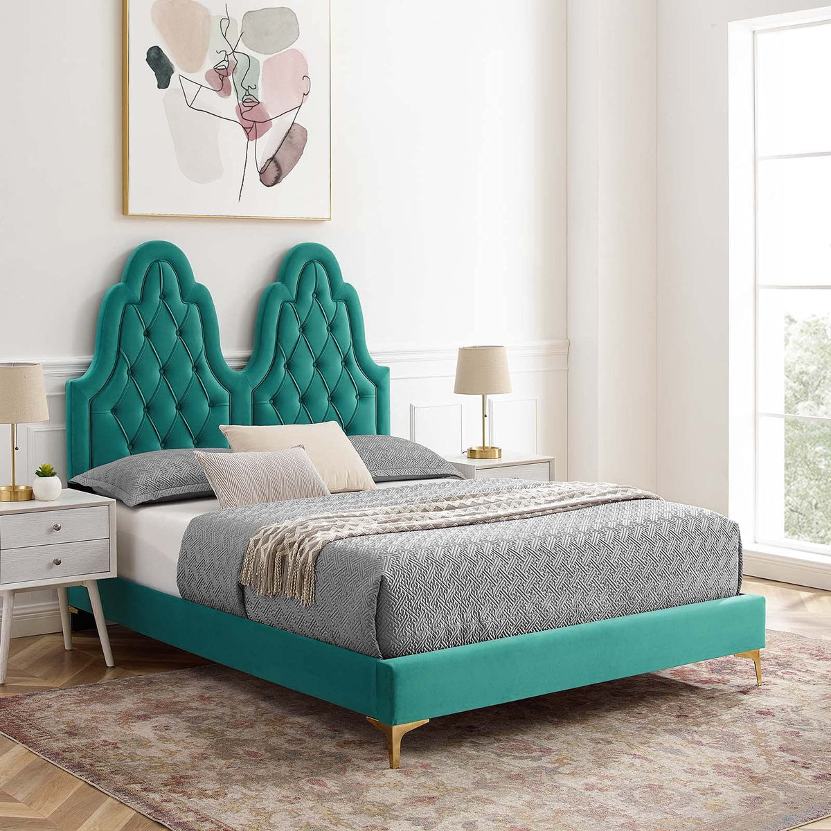 Modway Alexandria Tufted Performance Velvet Platform Bed with Gold Legs, King, Teal