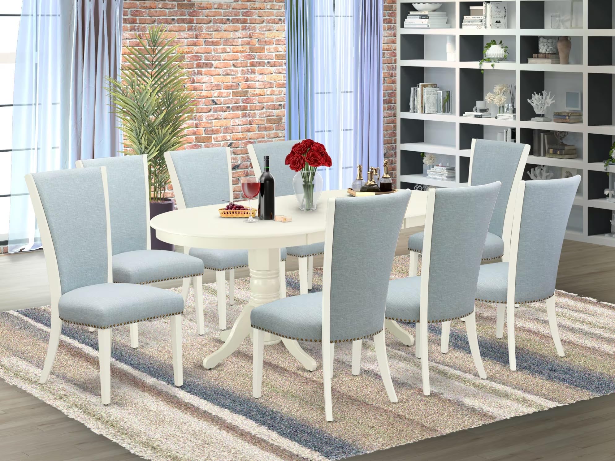 East West Furniture Vave9-Lwh-15 9 Piece Dining Table Set Includes An Oval Dinner Table With Butterfly Leaf And 8 Baby Blue Linen Fabric Parson Dining Chairs, 40X76 Inch, Linen White