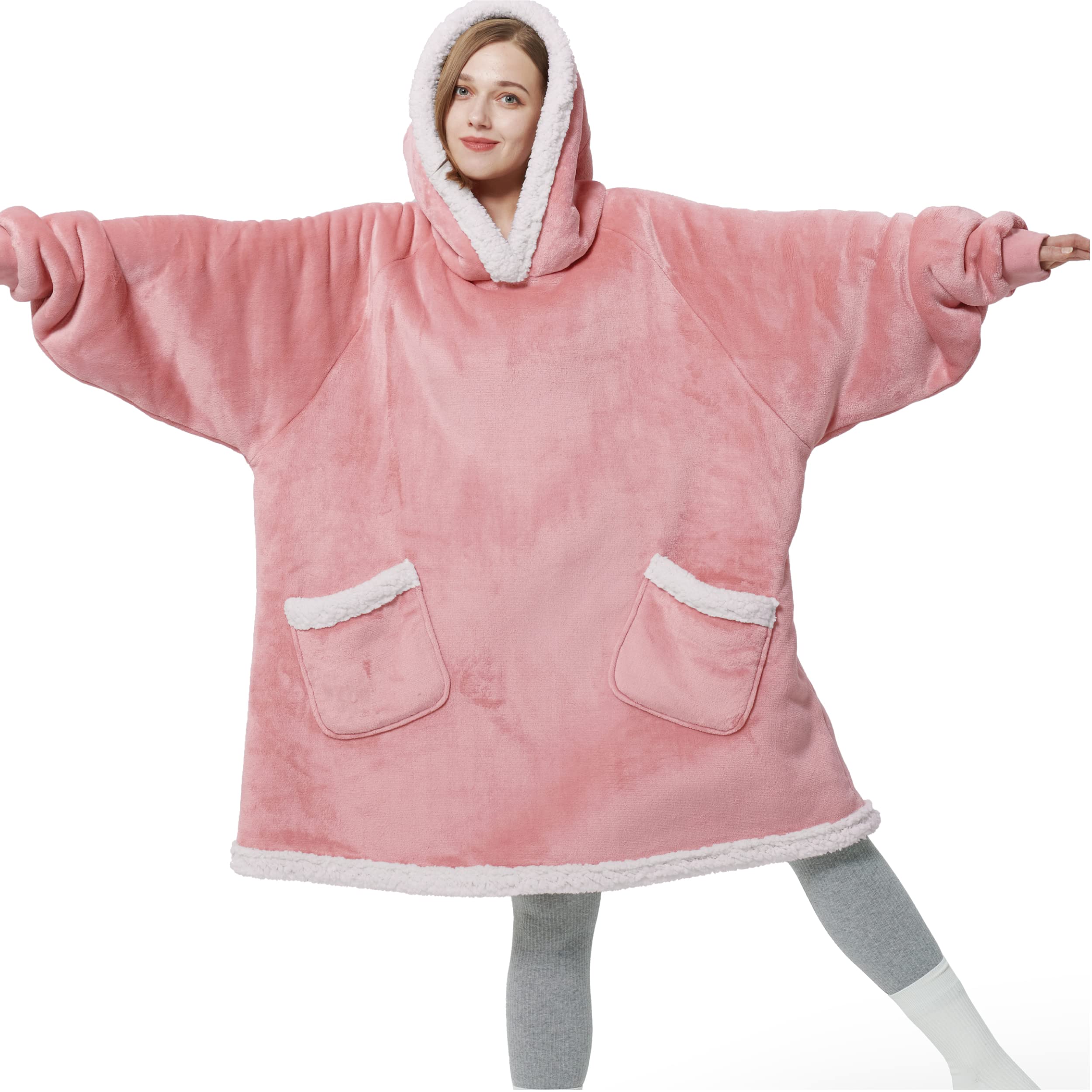 Bedsure Wearable Blanket Hoodie With Sleeves - Sherpa Hooded Blanket Adult As Pink Gifts For Girlfriend Women Mom, Winter Sweats