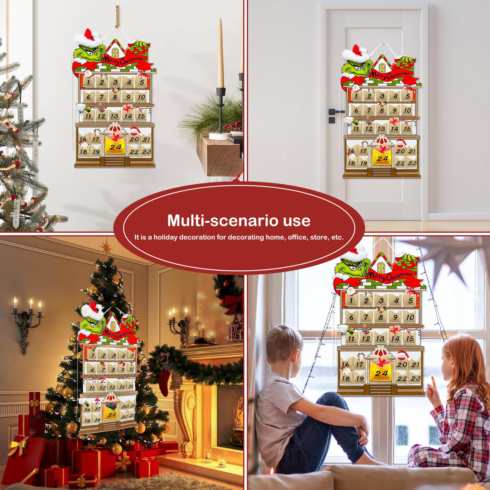 Koupa Hanging Christmas Countdown Advent Calendar, Santa Grinch Green Haired Monster Decoration, Reusable Xmas Gift For Holiday