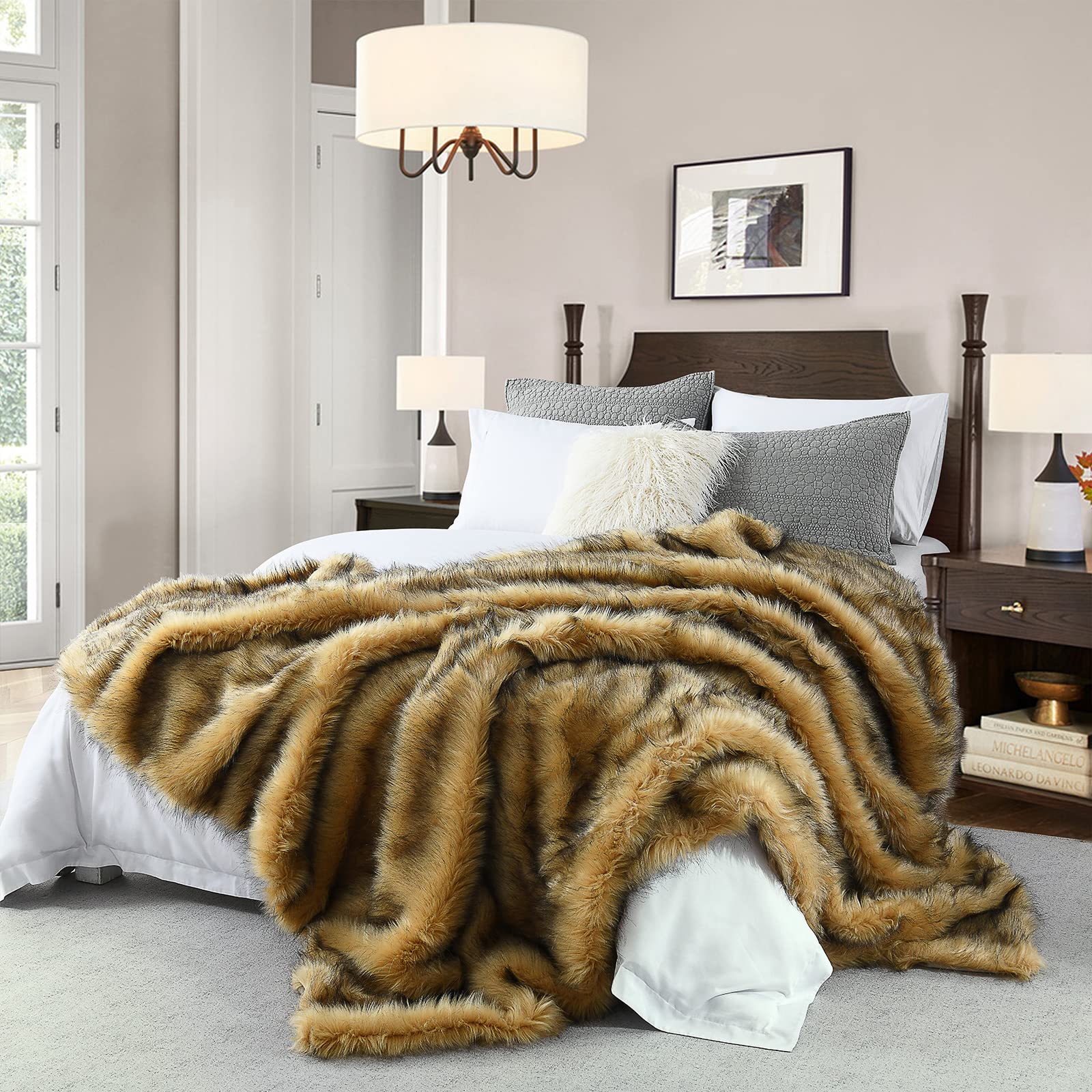 Luxury Plush Faux Fur Blanket Queen Size, Long Pile Golden Yellow With Black Tips Blanket, Oversized Super Warm, Fuzzy, Elegant,