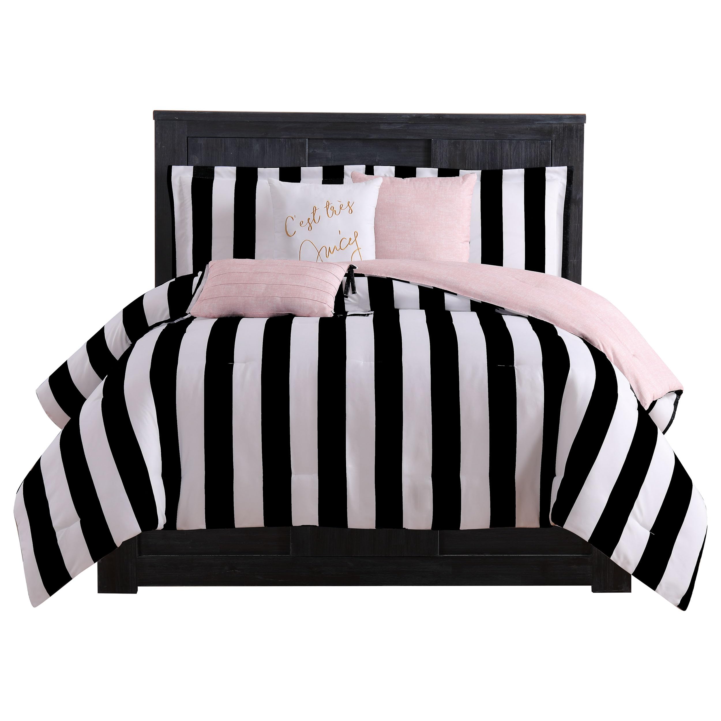 Juicy Couture King Cabana Stripe 6-Piece Reversible Bedding Set, Black/White, Stylish & Versatile for Modern Bedrooms