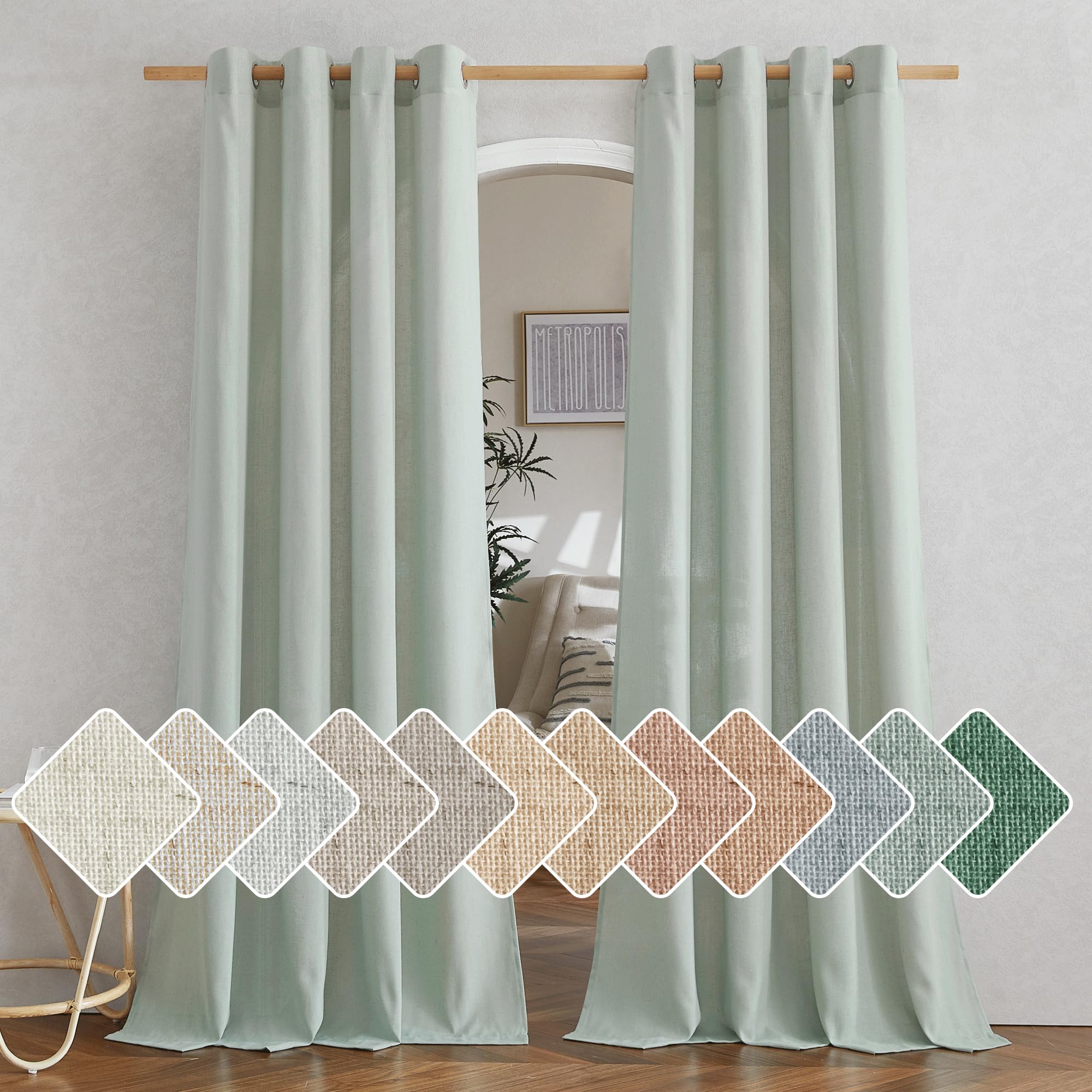 Nicetown Thick Linen Sage Green Curtains 84 Inch Length 2 Panels, Grommet Linen Blend Privacy Added Flax Boho-Chic Light Filteri