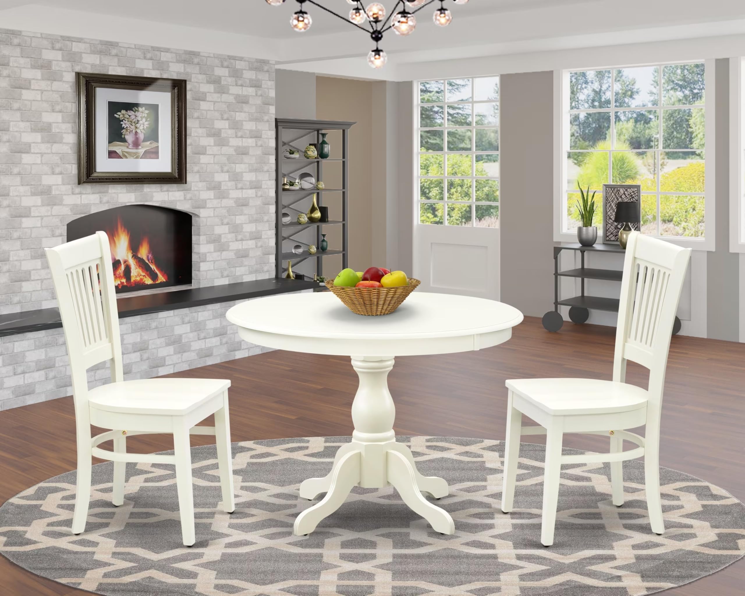 East West Furniture Hbva3-Lwh-W 3 Piece Dining Room Furniture Set Contains A Round Dining Table With Pedestal And 2 Wood Seat Chairs, 42X42 Inch, Linen White