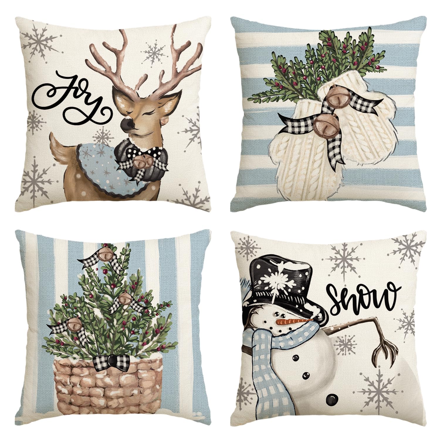 Avoin Colorlife Christmas Snowman Reindeer Gloves Eucalyptus Blue Throw Pillow Covers, 20 X 20 Inch Winter Holiday Stripes Cushi