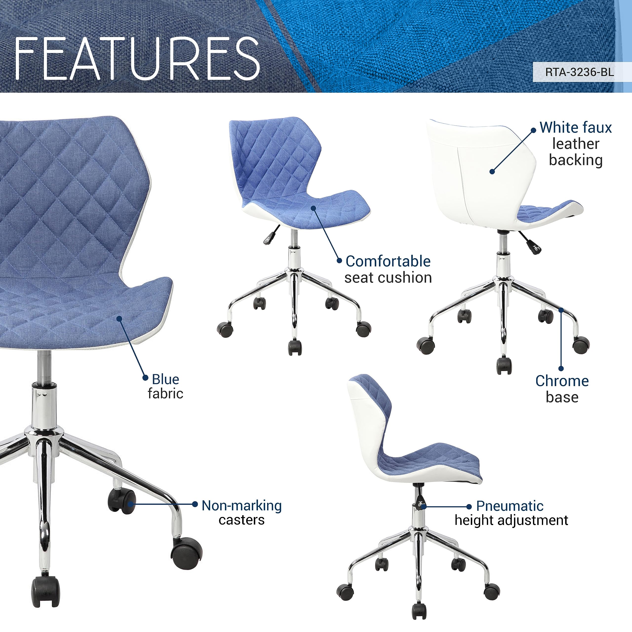 Techni Mobili Modern Height Adjustable Office Task Chair, Blue
