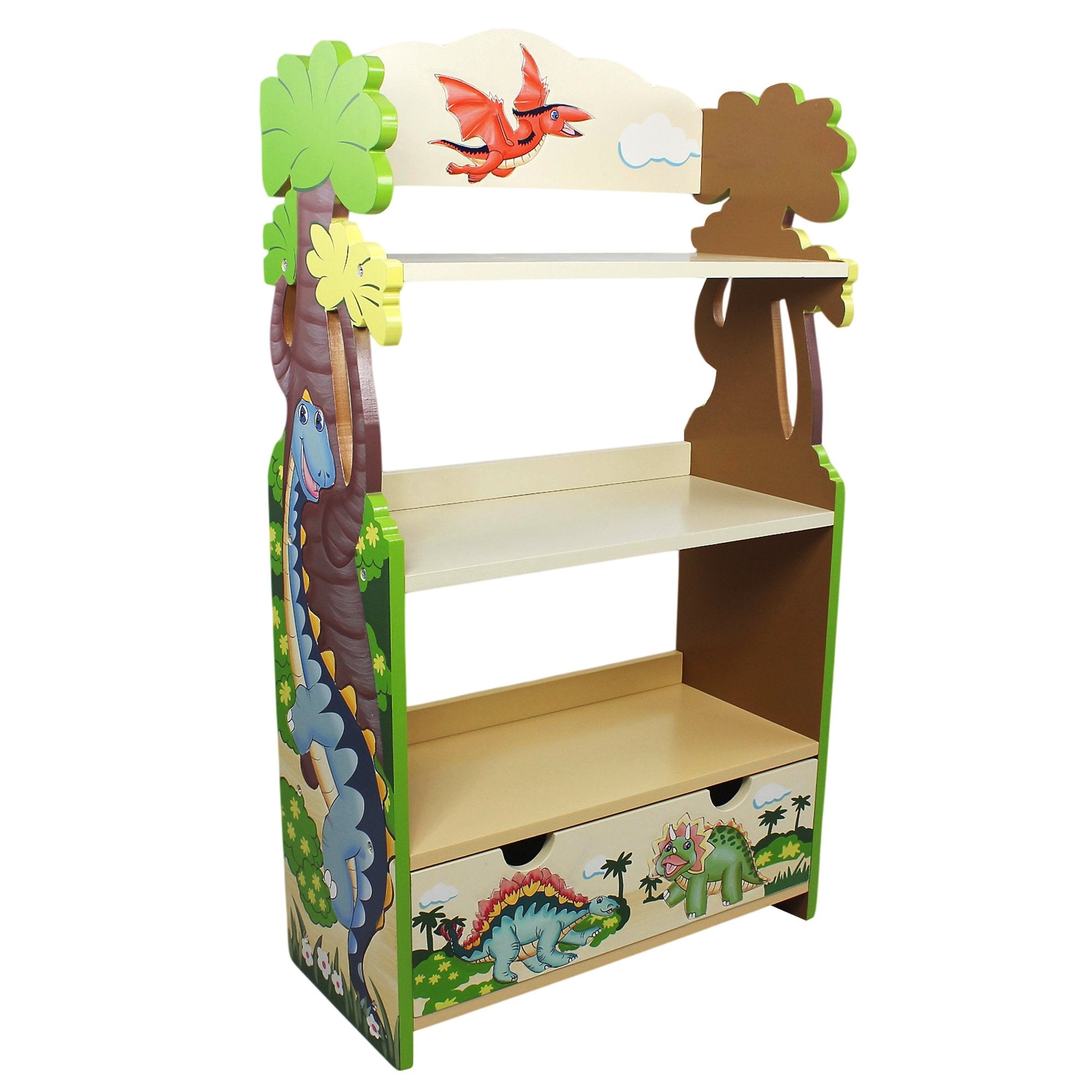 Fantasy Fields - Baby Bookshelf and Toy Storage, Wooden 3-Tier Shelf Kids Bookshelf with 1 Drawers Storage, Dinosaur Kingdom The