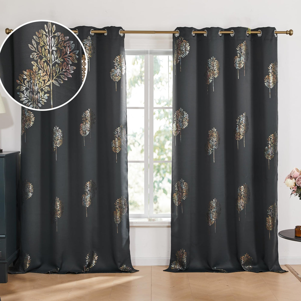 Deconovo Blackout Curtains 95 Inch Length, Colorful Tree Printed Room Darkening Drapes, Thermal Insulated Grommet Top Curtain Fo