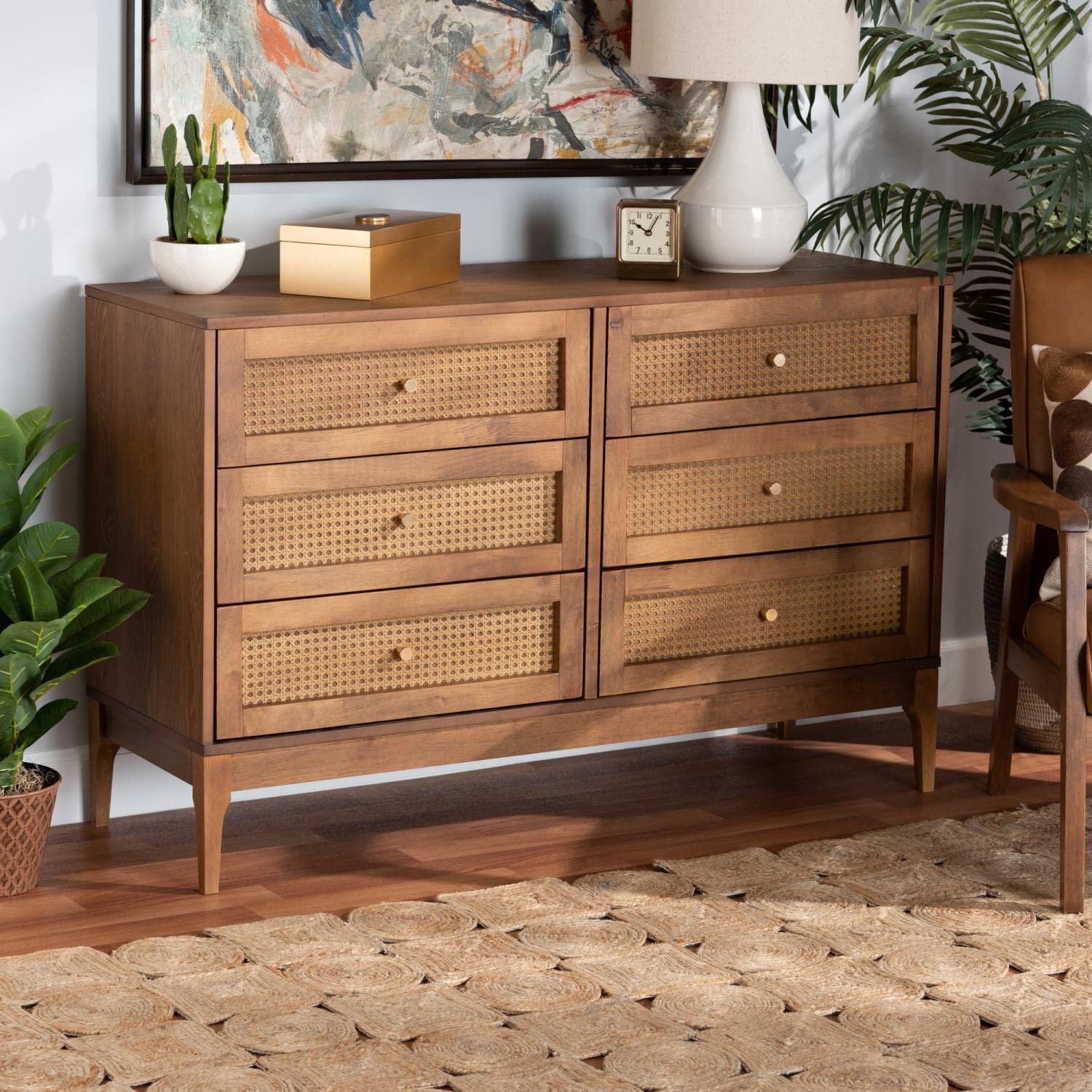 Baxton Studio Ramiel Ash Walnut Finished Wood and Rattan 6-Drawer Dresser
