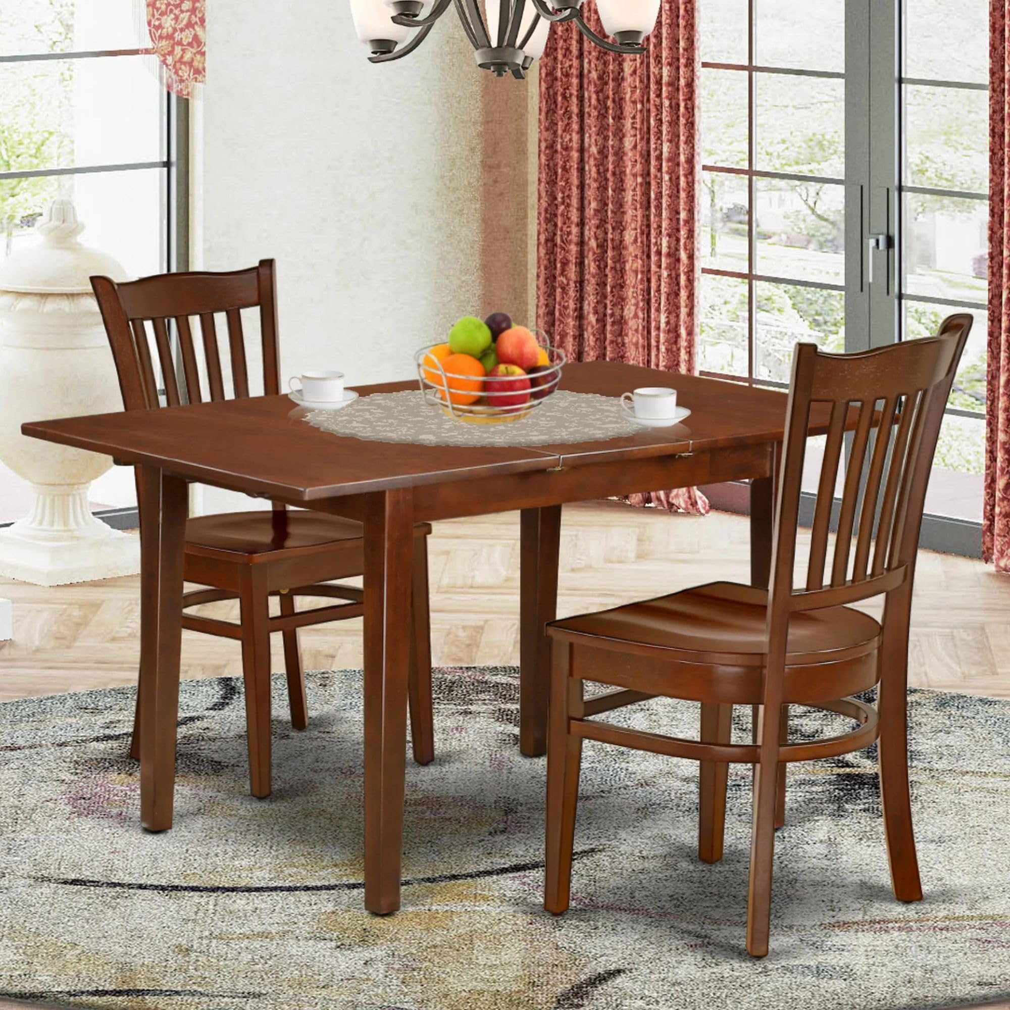 East West Furniture Norfolk 3 Piece Set Contains A Rectangle Dining Room Table With Butterfly Leaf And 2 Kitchen Chairs, 32X54 Inch, Mahogany