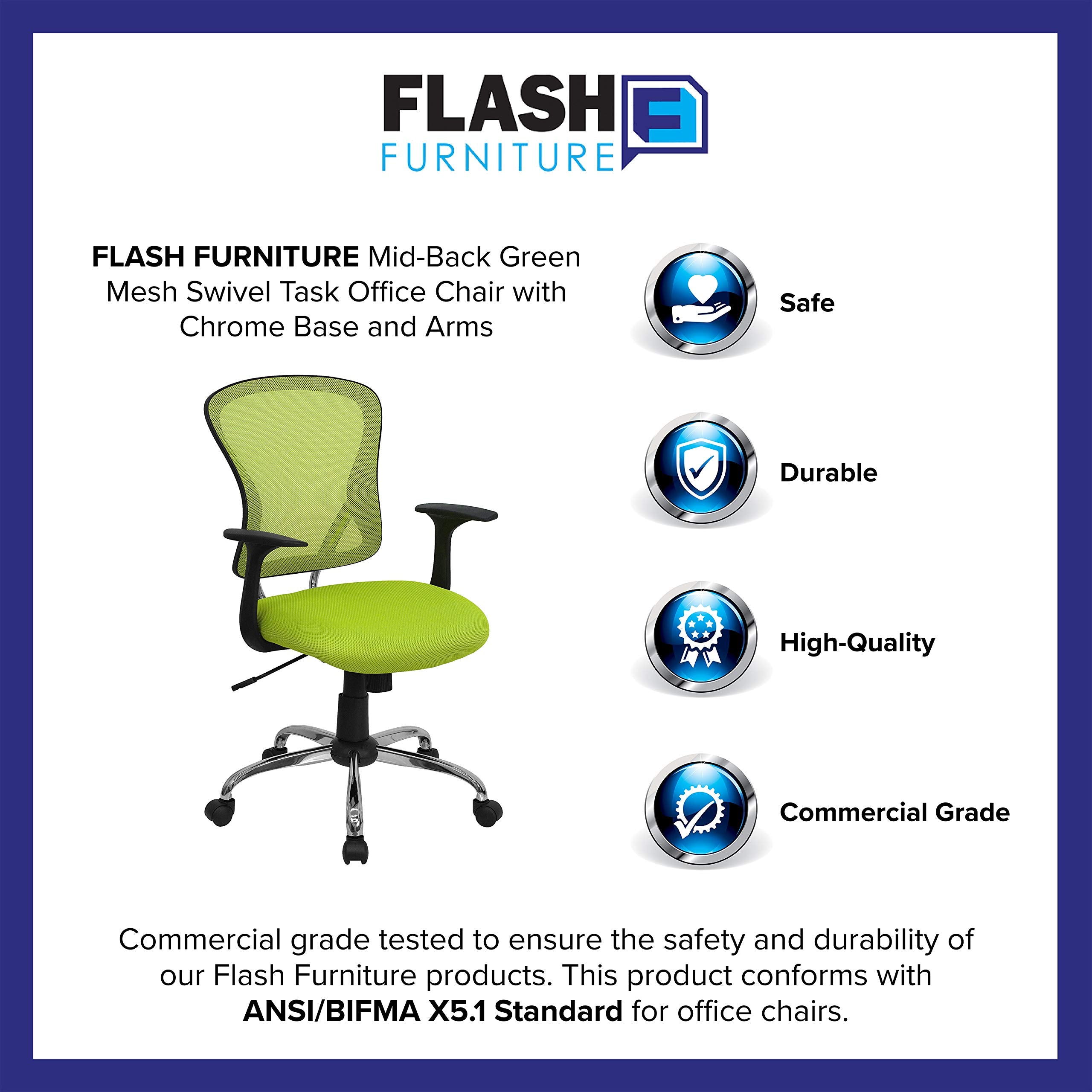 Flash Furniture Alfred Mid-Back Green Mesh Swivel Task Office Chair with Chrome Base and Arms