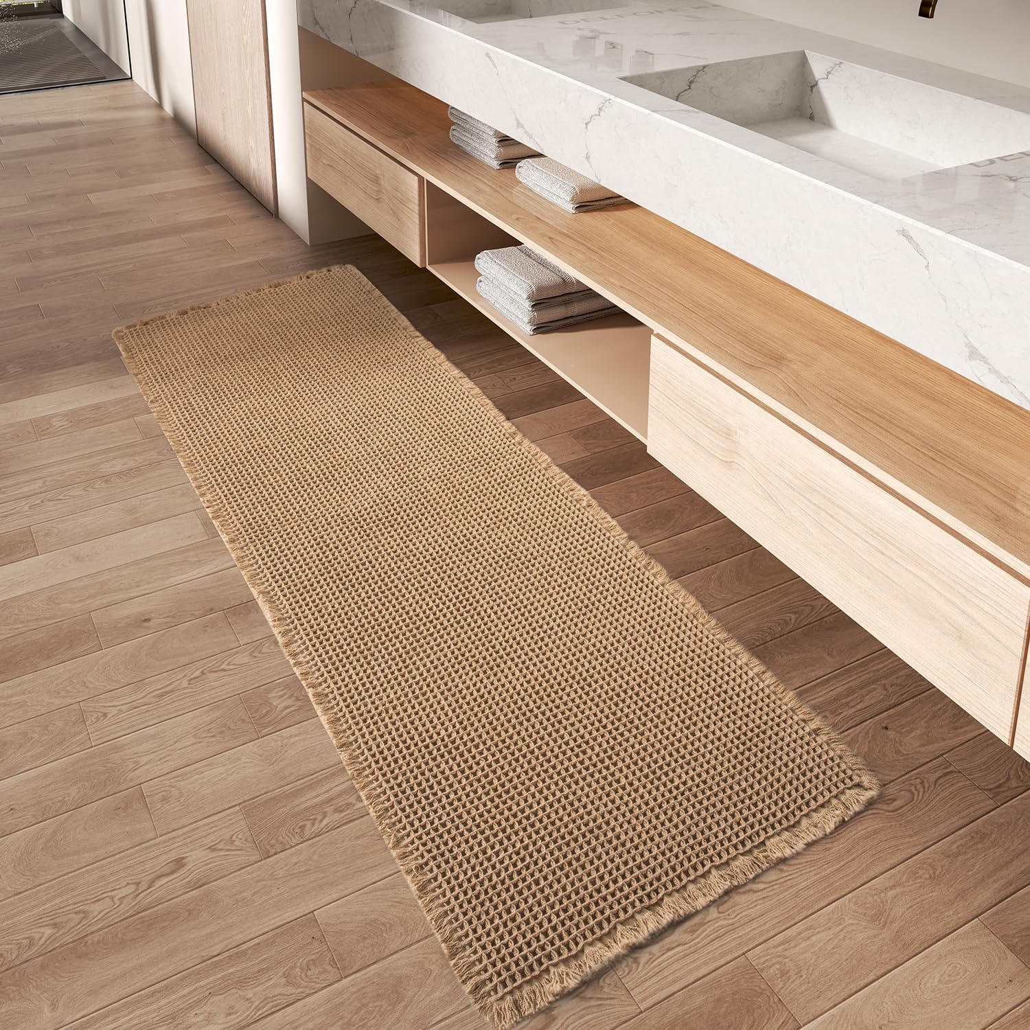 Upgraded Waffle Runner Rug, Super Absorbent Non Slip Bath Mats for Bathroom Floor, Machine Washable Bathroom Runner Rug with Tas