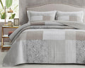 Chezmoi Collection Quinn 2-Piece Neutral Taupe Gray White Floral Hibiscus Flower Candy Stripe Patchwork Quilt Set - Pre-Washed C