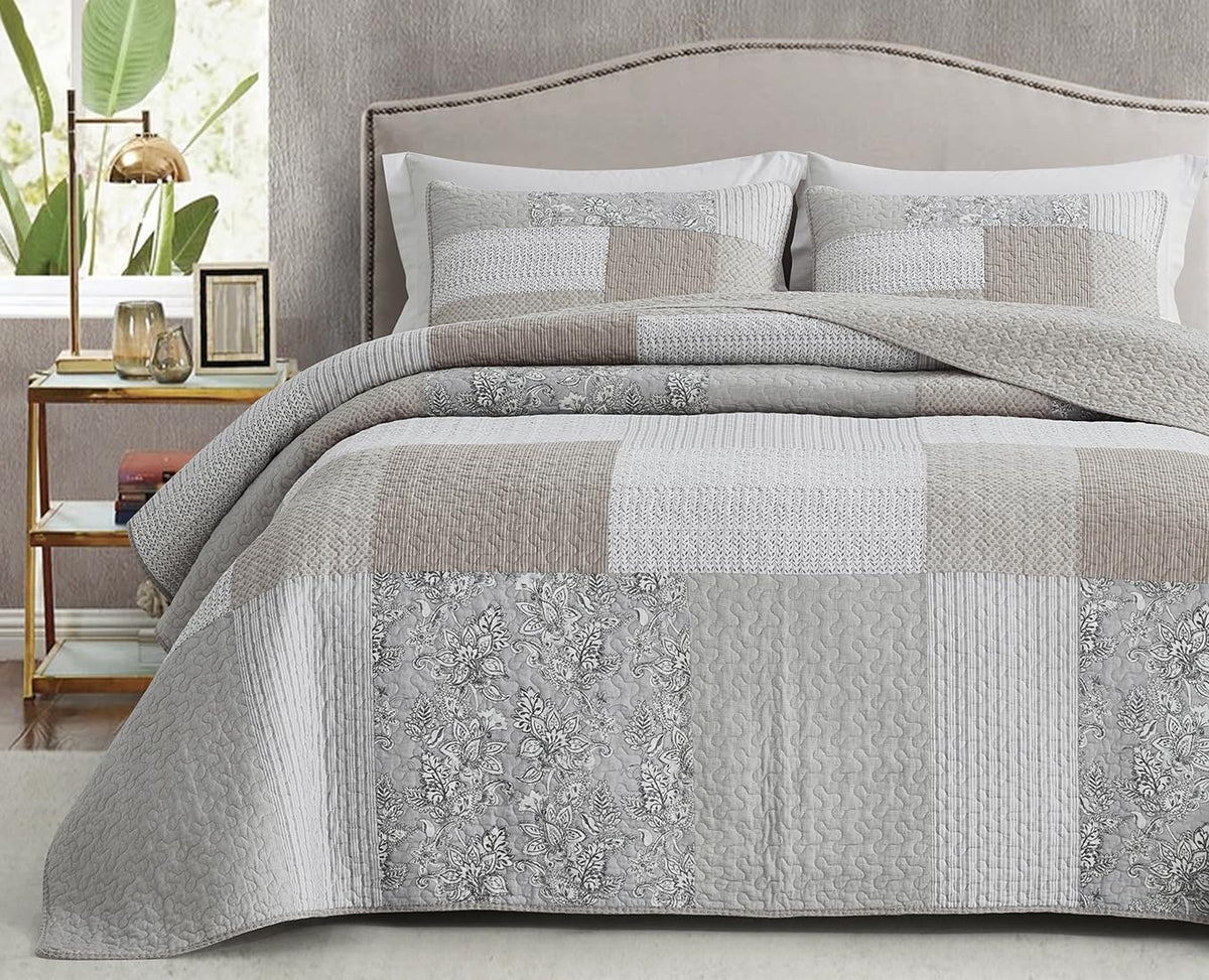 Chezmoi Collection Quinn 2-Piece Neutral Taupe Gray White Floral Hibiscus Flower Candy Stripe Patchwork Quilt Set - Pre-Washed C