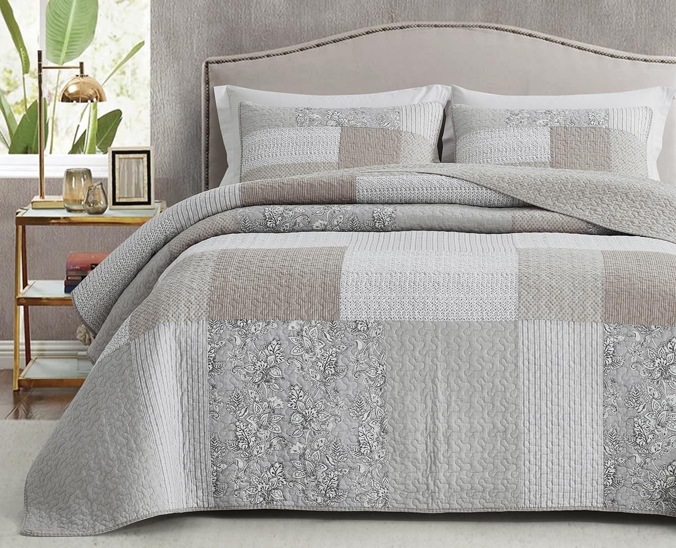 Chezmoi Collection Quinn 2-Piece Neutral Taupe Gray White Floral Hibiscus Flower Candy Stripe Patchwork Quilt Set - Pre-Washed C