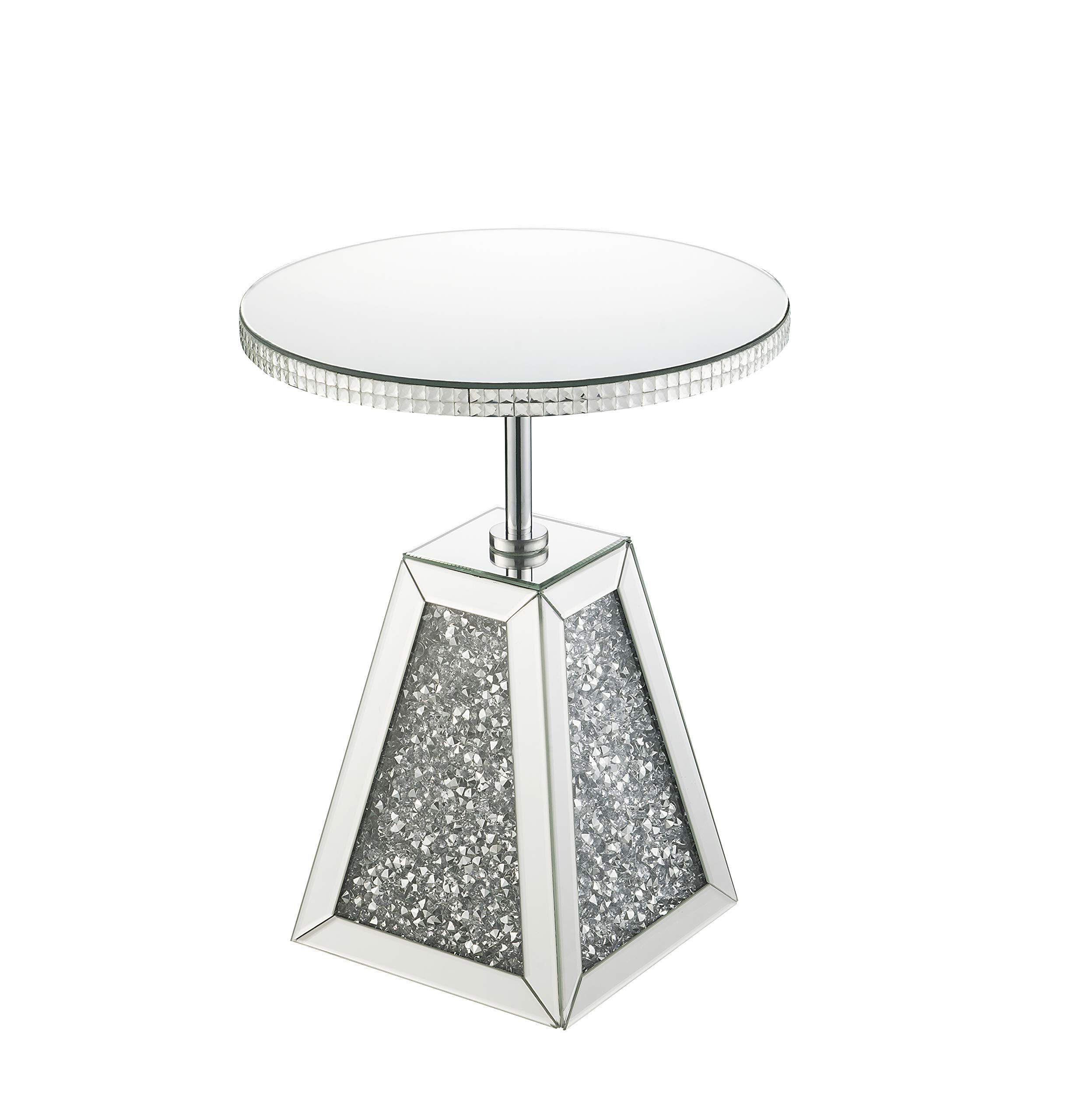 Acme Noralie Round Glass Side Table with Pedestal Base in Mirrored