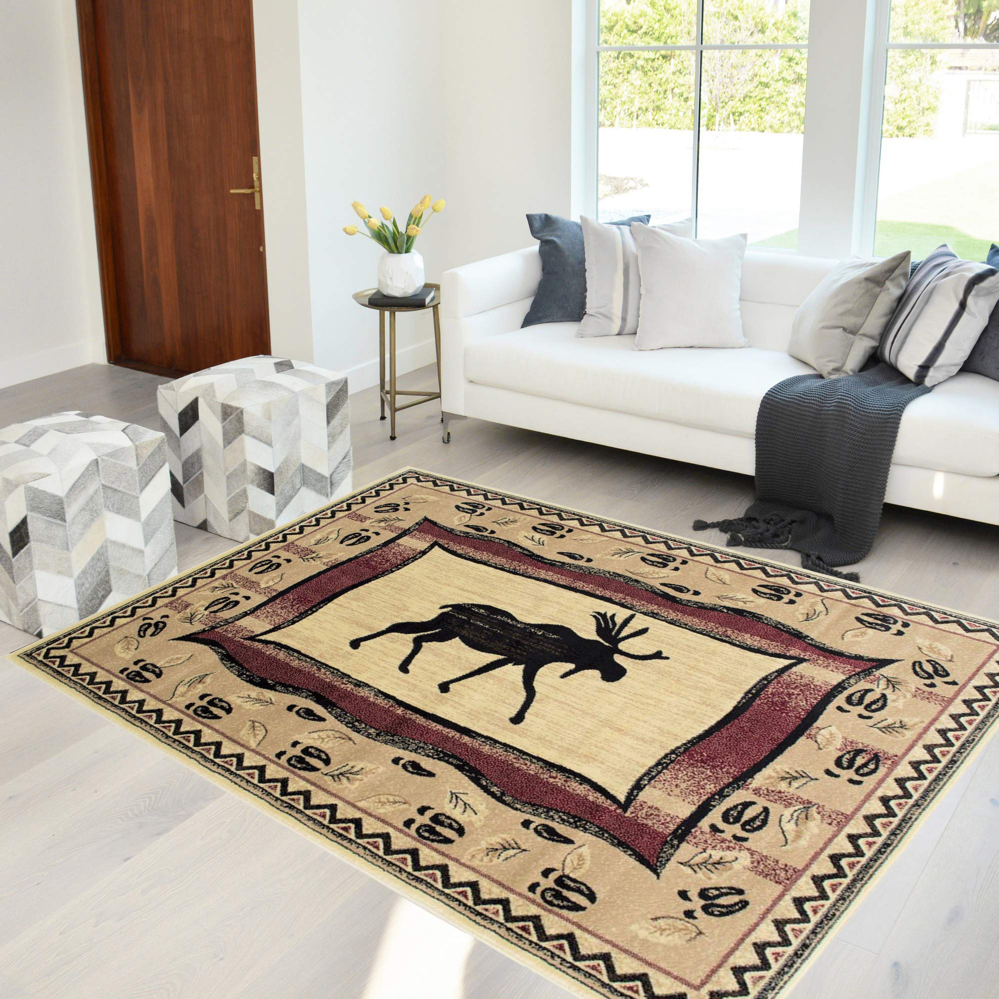 HR-Cabin Rug-Lodge, Cabin Nature and Animals Area Rug-Modern Geometric Design Cabin Area Rug-Abstract, Beige/Ivory/Red-Moose (76