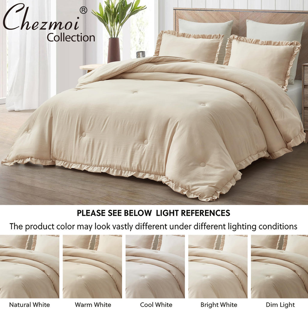 Chezmoi Collection Nora Light Sand Comforter Set Oversized King Size 3-Piece Fluffy Soft Lightweight Bedding Ruffled Edge Trim S