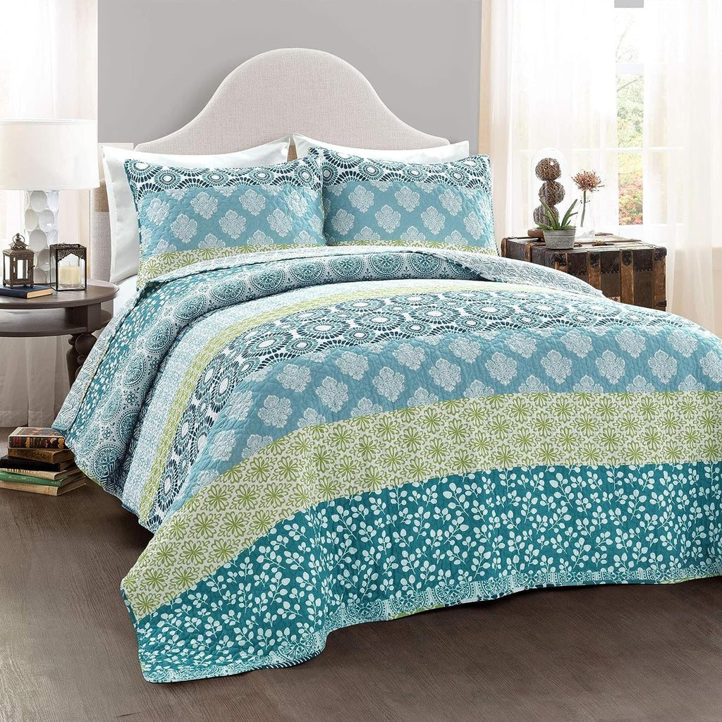 Lush Decor Bohemian Stripe Reversible Cotton Quilt Set, 3 Piece Set, King, Blue & Green - Boho Bedding Set - Bold & Colorful - S