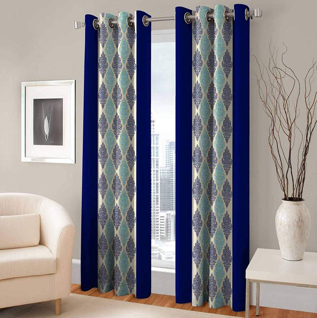 Kiara Creations Border Damas Printed Curtains for Window 6 Feet (Pack of 1) Blue